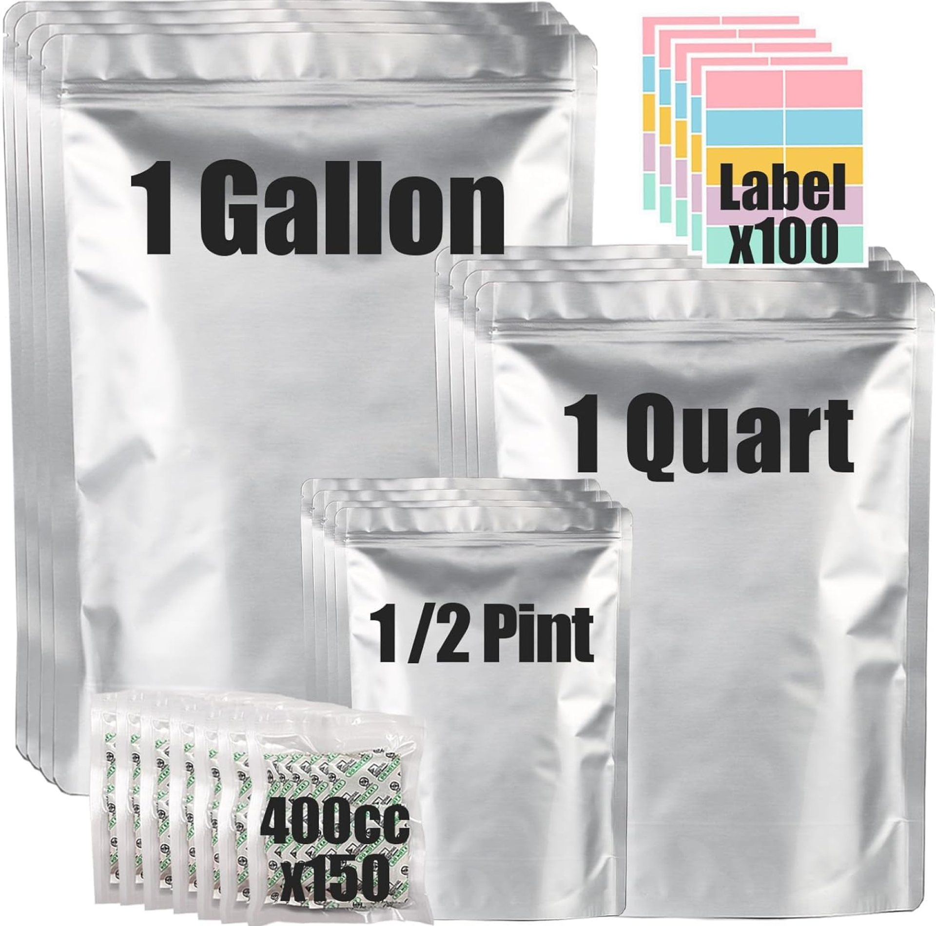 100pcs Mylar Bags for Food Storage with 150x400cc Oxygen Absorbers & Labels, 10 Mil Thick 3 Sizes (1 Gallon, 1 Quart, 1/2 Pint) – Stand-Up, Resealable & Heat Sealable for Long Term Food Storage 100pcs Mylar Bags for Food Storage with 150x400cc Oxygen Absorbers & Labels, 10 Mil Thick 3 Sizes (1 Gallon, 1 Quart, 1/2 Pint) – Stand-Up, Resealable & Heat Sealable for Long Term Food Storage