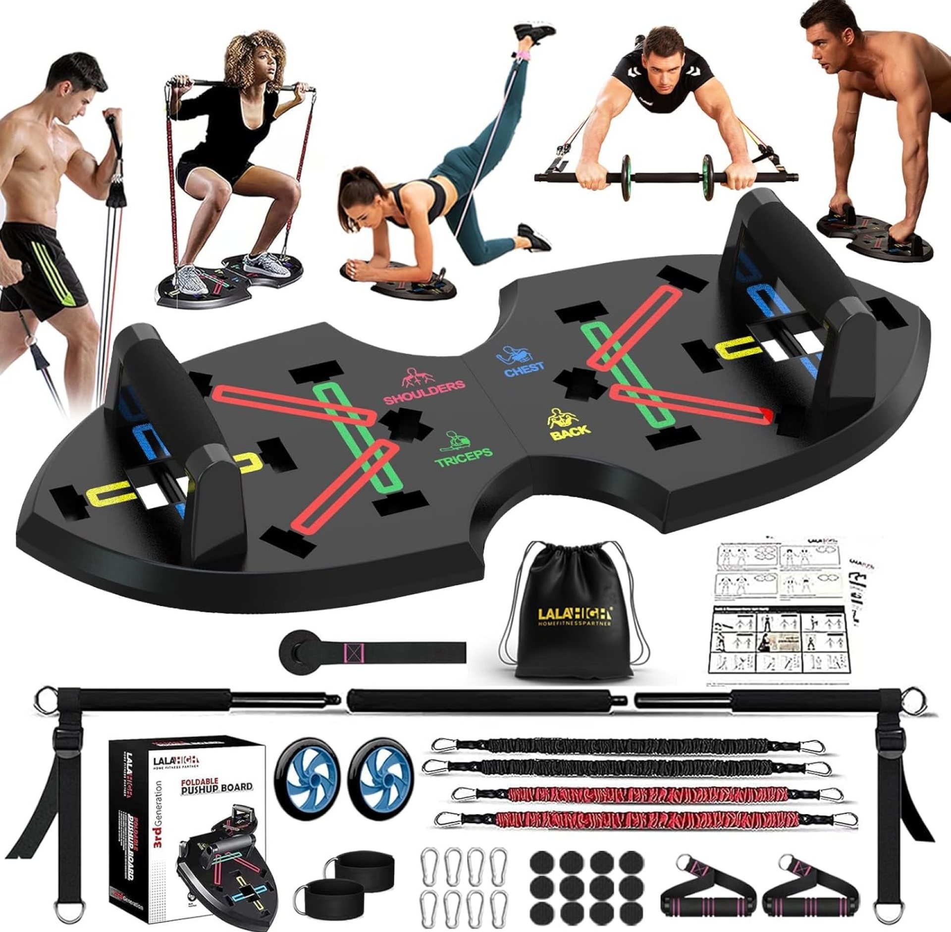 LALAHIGH Portable Home Gym System for Men and Women: Push Up Board, Different Fitness Accessories with Resistance Bands dynamic handles and nonslip pads-Professional Strength Training Exercise LALAHIGH Portable Home Gym System for Men and Women: Push Up Board, Different Fitness Accessories with Resistance Bands dynamic handles and nonslip pads-Professional Strength Training Exercise