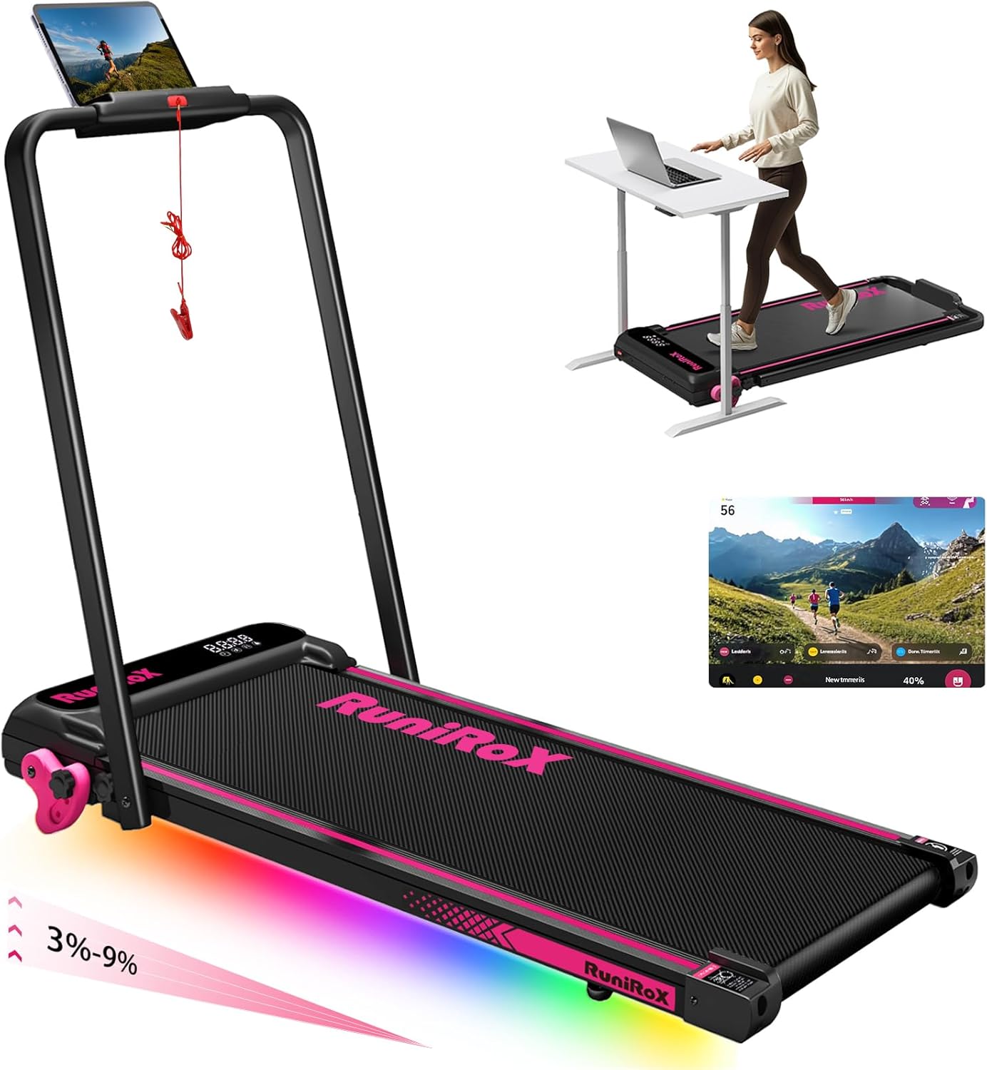 Walking Pad Treadmill with Incline and Lights, Under Desk Treadmill with Incline for Home Office, 3 in 1 Portable Treadmill with LED Display and APP Walking Pad Treadmill with Incline and Lights, Under Desk Treadmill with Incline for Home Office, 3 in 1 Portable Treadmill with LED Display and APP