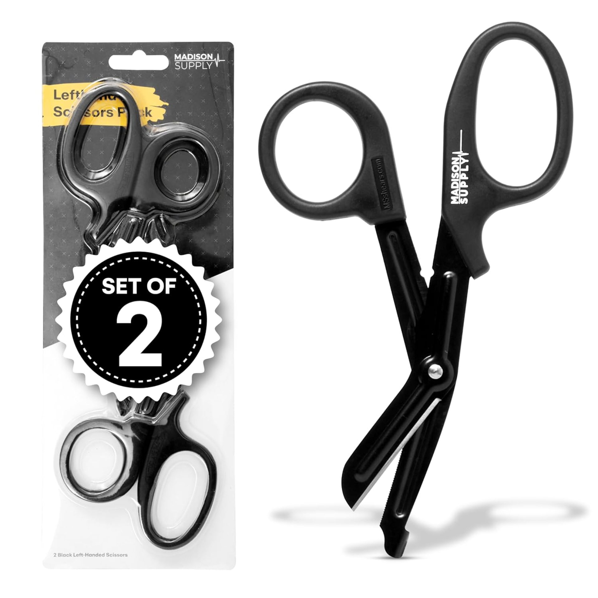Madison Supply Lefthand Scissors Pack – Black Stainless Steel with Teflon Surface, PP Handler on-Stick Coated Blades Medical Scissors – Durable Fluoride-Coated Trauma Shears – Black Madison Supply Lefthand Scissors Pack – Black Stainless Steel with Teflon Surface, PP Handler on-Stick Coated Blades Medical Scissors – Durable Fluoride-Coated Trauma Shears – Black