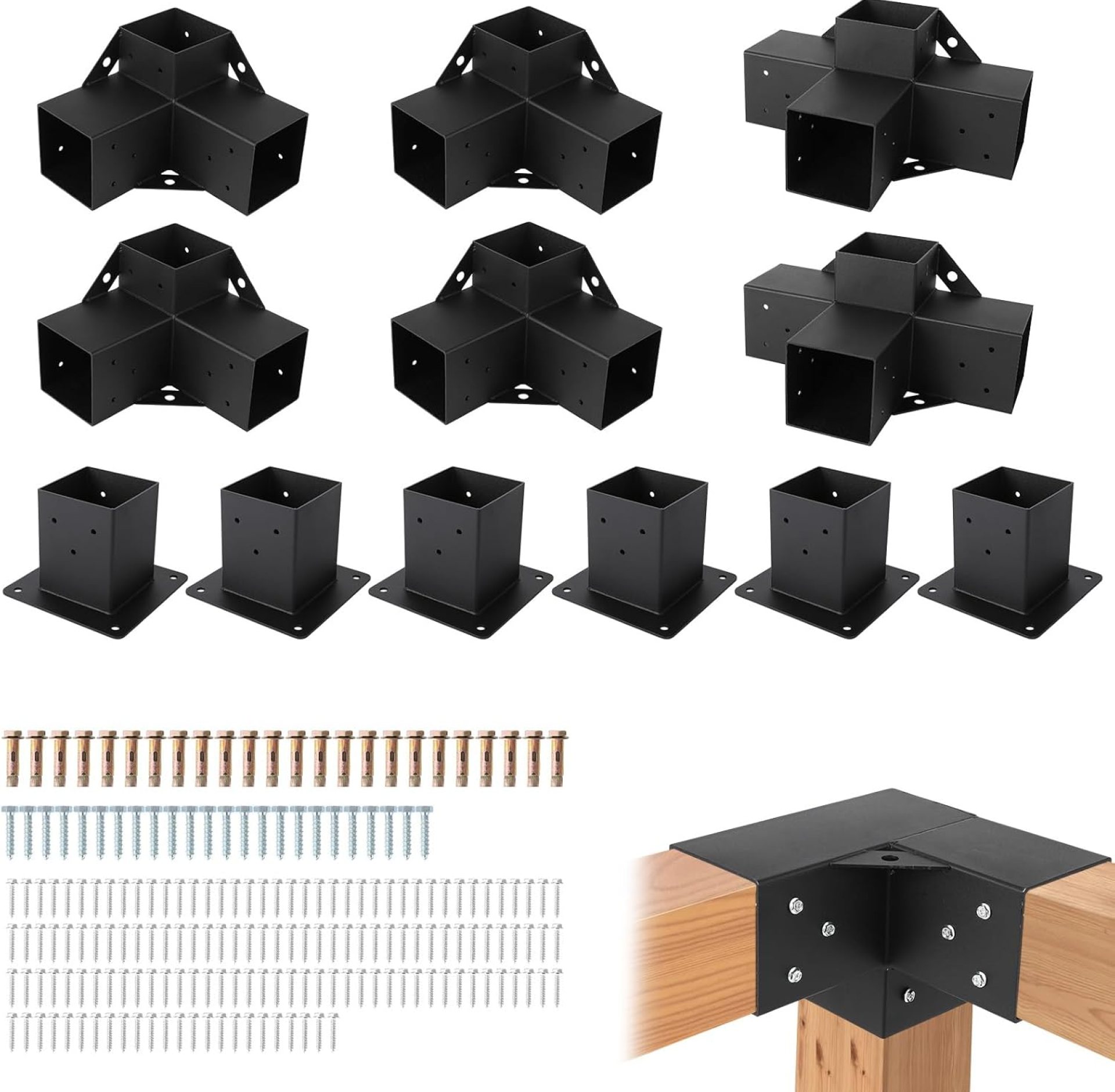 Pergola Kit, Carbon Steel Gazebo Kit with 4 3-Way Corner Brackets, 2 4-Way Brackets, 4 Post Base for 4″x 4″ Lumber for Outdoor Patio Gazebos Log Cabins Pergola Hardware, Black Pergola Kit, Carbon Steel Gazebo Kit with 4 3-Way Corner Brackets, 2 4-Way Brackets, 4 Post Base for 4″x 4″ Lumber for Outdoor Patio Gazebos Log Cabins Pergola Hardware, Black