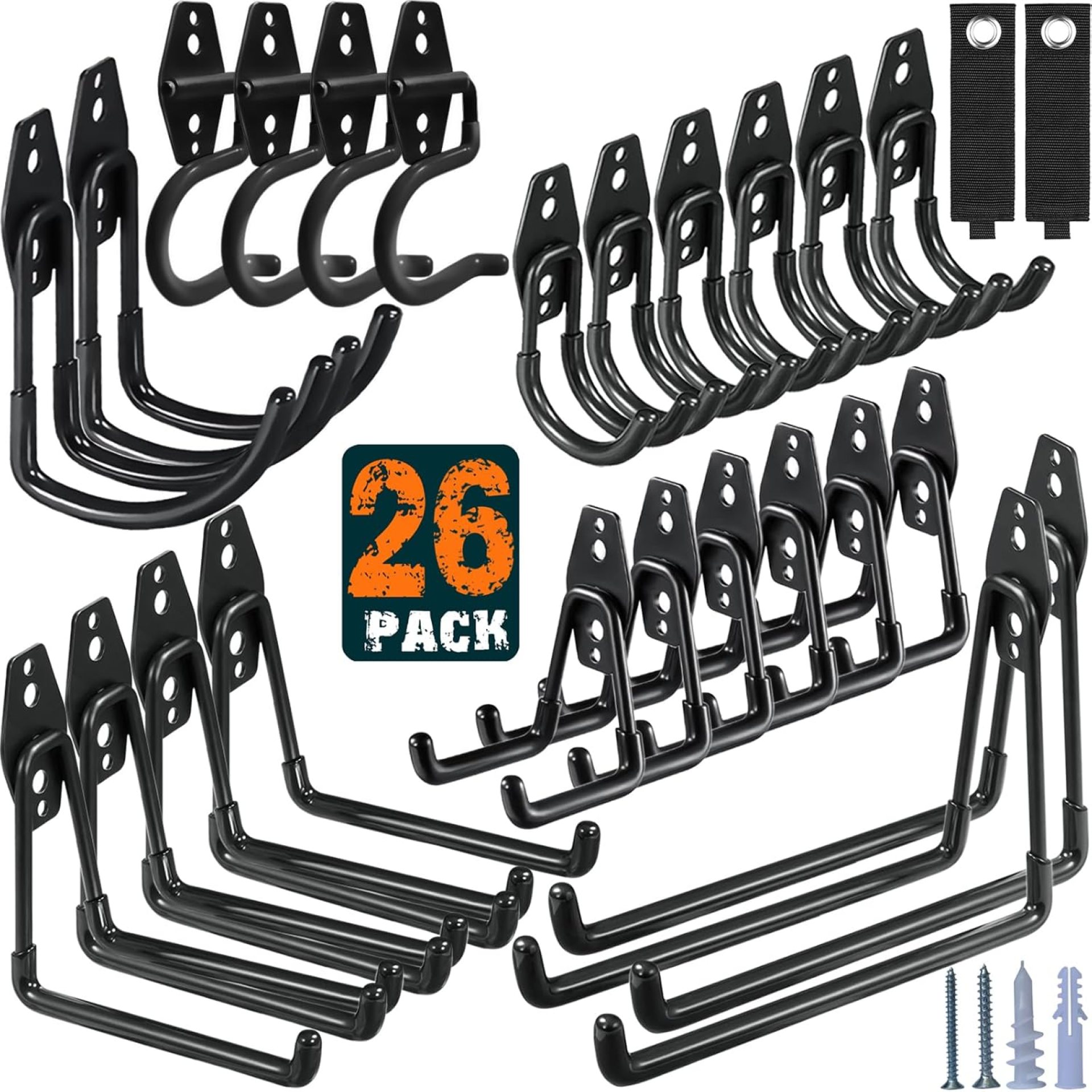 26 Pack Garage Hooks Heavy Duty Utility Steel with Anti-Slip Coating Wall Mount Storage Organizer for Hanging Power and Garden Tools, Ladders, Hose, Bikes, Ropes, Bulk Items, and More 26 Pack Garage Hooks Heavy Duty Utility Steel with Anti-Slip Coating Wall Mount Storage Organizer for Hanging Power and Garden Tools, Ladders, Hose, Bikes, Ropes, Bulk Items, and More