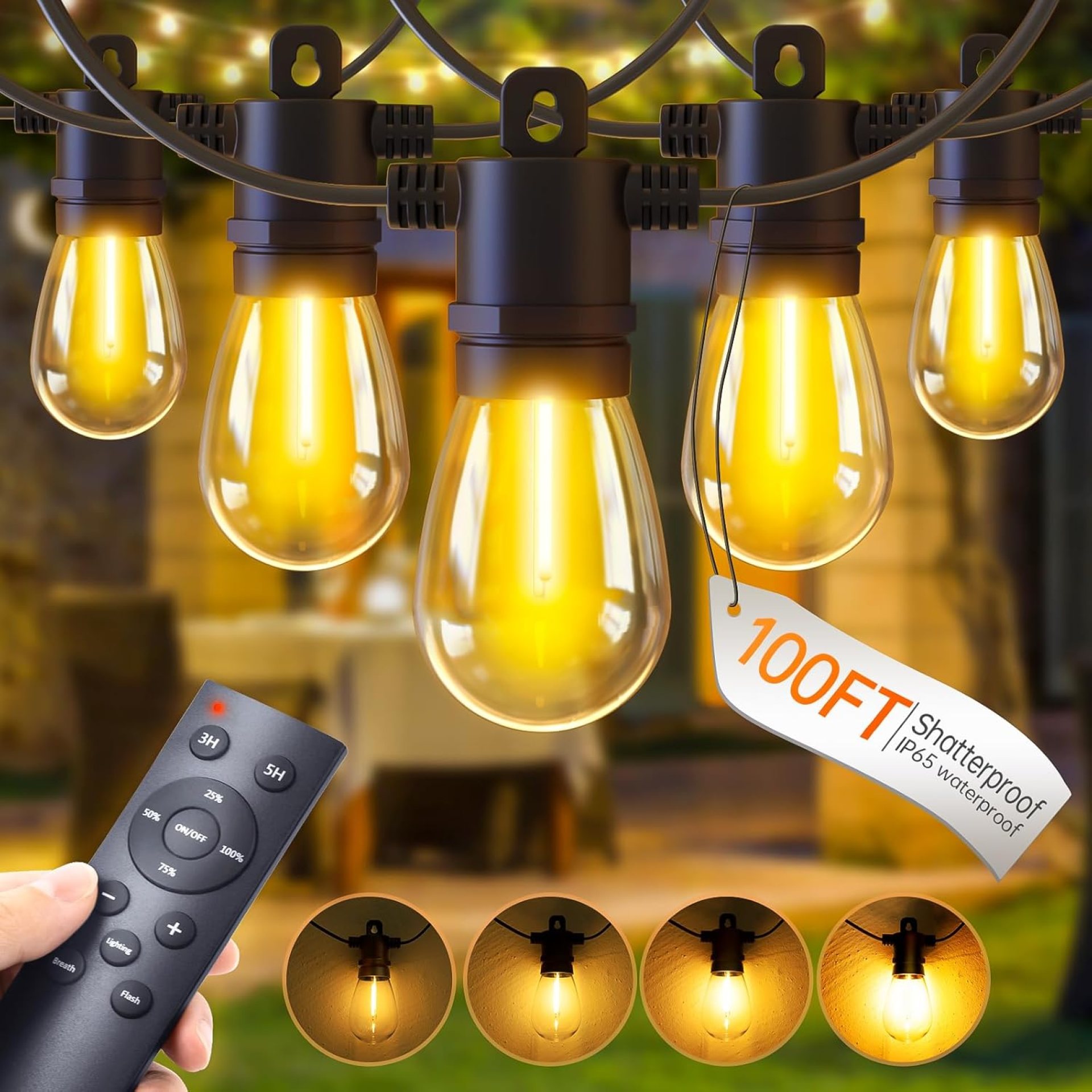 Remote Control Outdoor String Lights – 100FT Dimmable Waterproof Patio Lights with 32 Shatterproof LED Edison Bulbs, 3 Light Modes 2 Timer Function Outside Lighting for Garden Balcony Porch Backyard Remote Control Outdoor String Lights – 100FT Dimmable Waterproof Patio Lights with 32 Shatterproof LED Edison Bulbs, 3 Light Modes 2 Timer Function Outside Lighting for Garden Balcony Porch Backyard