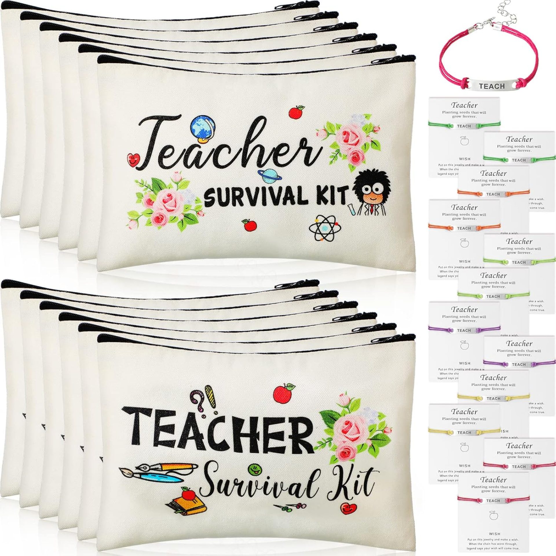 Frienda 24 Pieces Teacher Appreciation Present Set, 12 Teacher Survival Kit Bag Makeup Pouch Bag, 12 Blessing Card Bracelet, Cosmetic Bag Kit (Elegant Style, 9.1 x 5.9 Inch) Frienda 24 Pieces Teacher Appreciation Present Set, 12 Teacher Survival Kit Bag Makeup Pouch Bag, 12 Blessing Card Bracelet, Cosmetic Bag Kit (Elegant Style, 9.1 x 5.9 Inch)