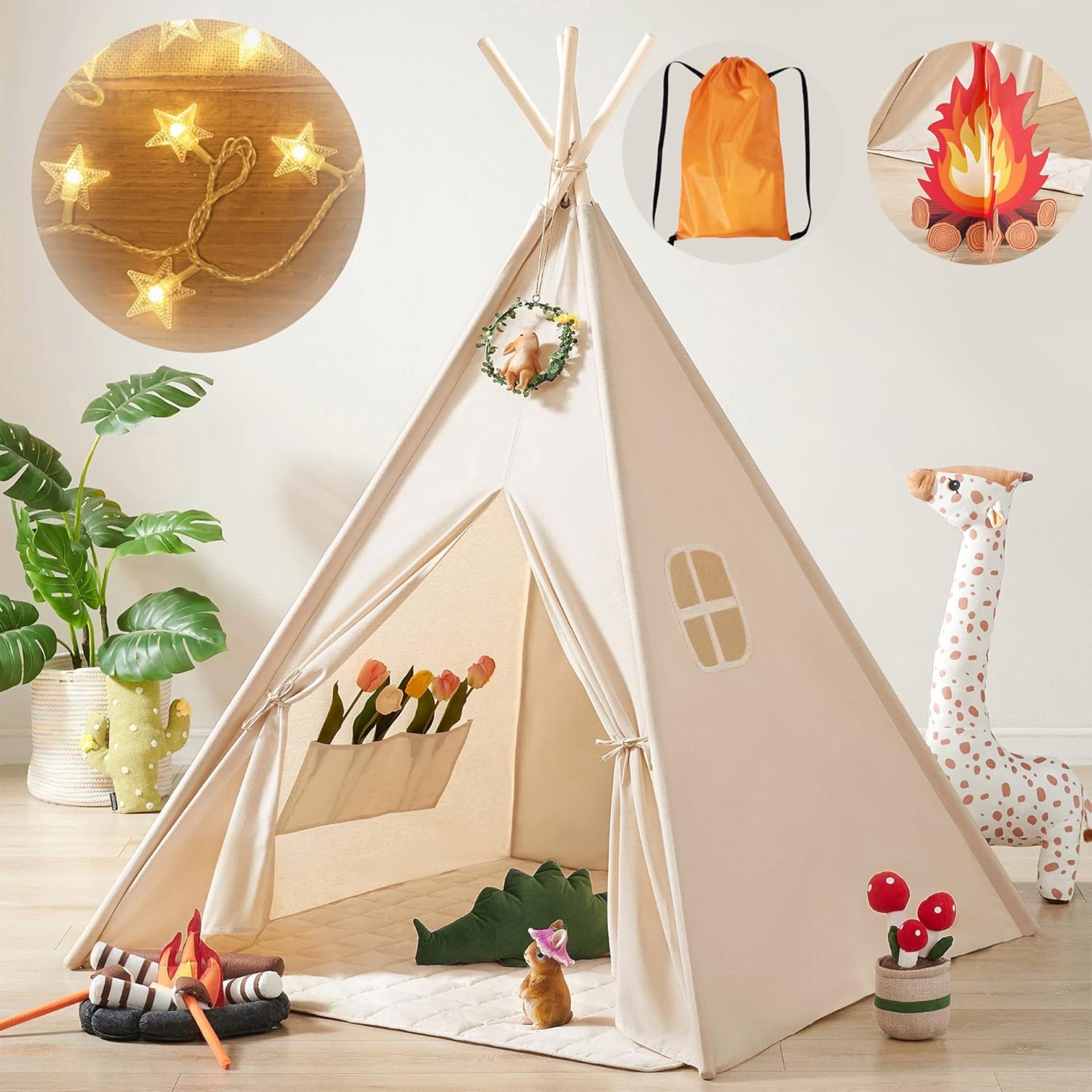 Tiny Land Kids-Teepee-Tent with Lights & Campfire Toy & Carry Case, Natural Cotton Canvas Toddler Tent – Washable Foldable Teepee Tent for Kids Indoor Tent, Outdoor Play Tent for Girls & Boys Tiny Land Kids-Teepee-Tent with Lights & Campfire Toy & Carry Case, Natural Cotton Canvas Toddler Tent – Washable Foldable Teepee Tent for Kids Indoor Tent, Outdoor Play Tent for Girls & Boys