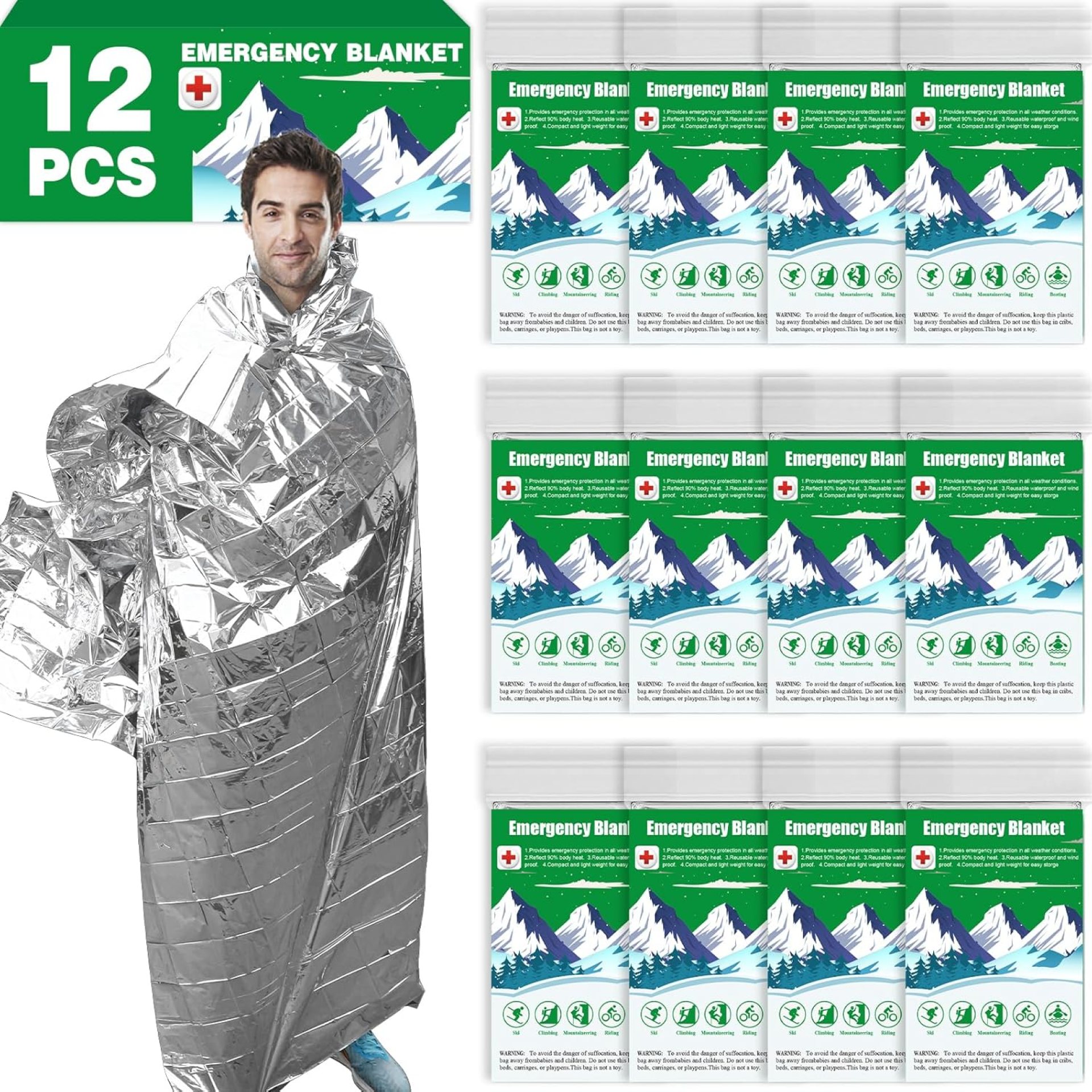CXYARY 12 Pack Emergency Thermal Blanket Survival, 84” x 52” Mylar Blanket, Space Blanket, Silver Foil Blanket, Survival Kit Camping Blanket, Body Warmer Blanket for Outdoor, First Aid, Hiking CXYARY 12 Pack Emergency Thermal Blanket Survival, 84” x 52” Mylar Blanket, Space Blanket, Silver Foil Blanket, Survival Kit Camping Blanket, Body Warmer Blanket for Outdoor, First Aid, Hiking