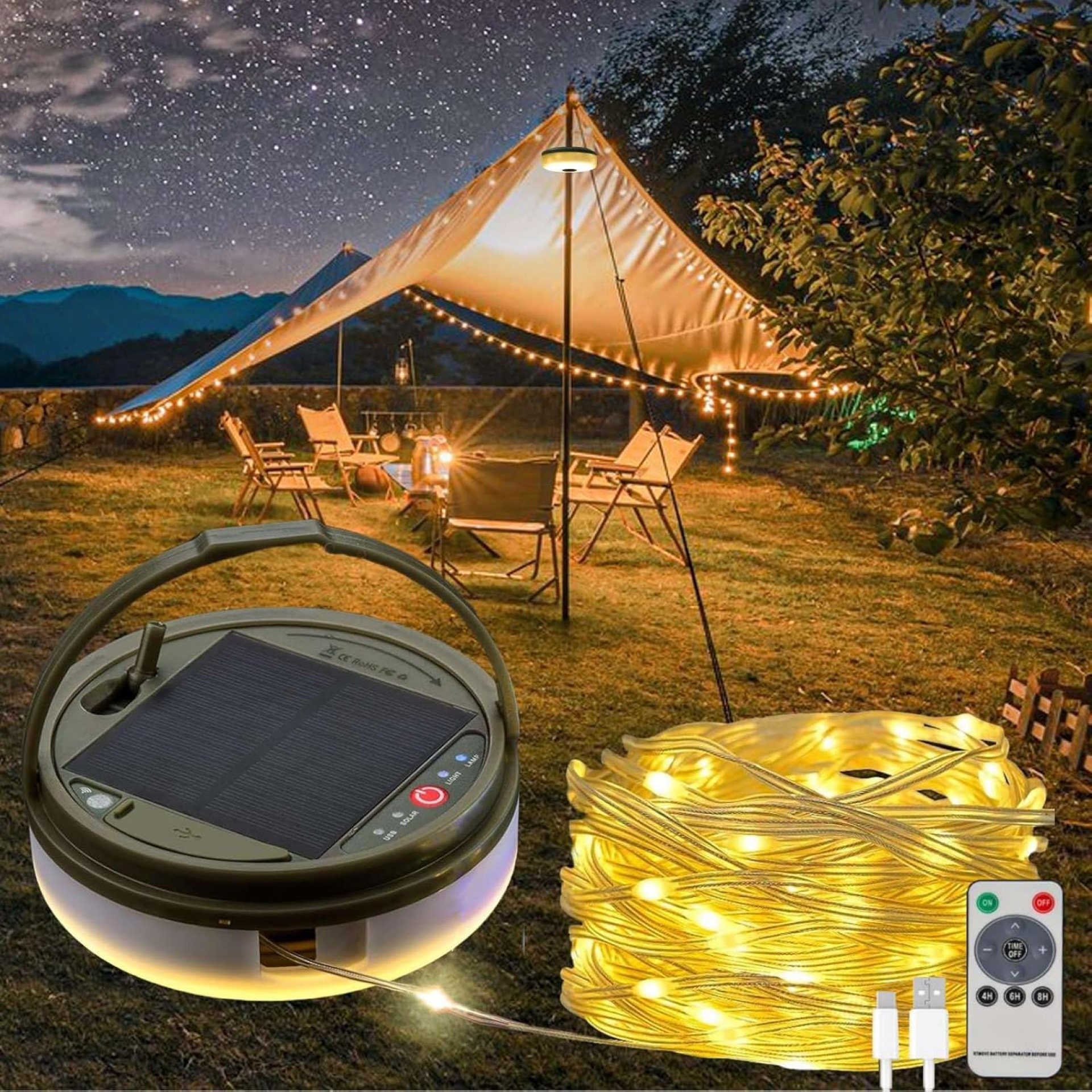 Solar Camping String Lights, 39.4FT Fairy String Lights 150LEDs, Portable Waterproof Camping Lamp with 8 Lighting Modes, Hanging Rechargeable Tent Lantern for Awning Garden Party Decor-Remote Control Solar Camping String Lights, 39.4FT Fairy String Lights 150LEDs, Portable Waterproof Camping Lamp with 8 Lighting Modes, Hanging Rechargeable Tent Lantern for Awning Garden Party Decor-Remote Control