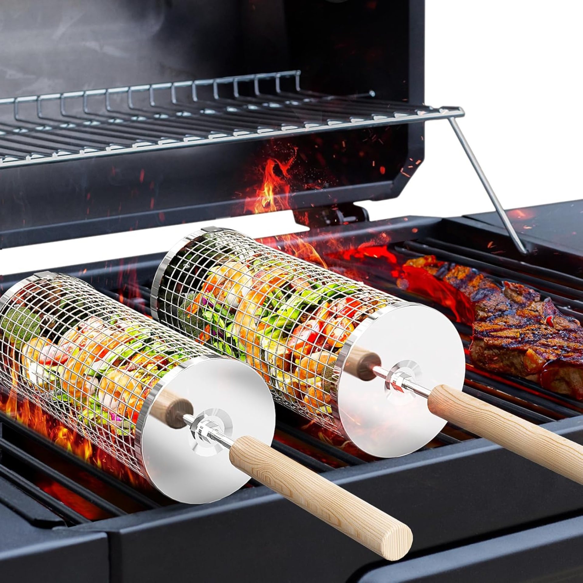 Nesting Grill Baskets (2PCS), Removable Wooden Handle, 304 Stainless Steel, Rolling Grilling Net, BBQ Accessories Tools for Vegetables Shrimp, Outdoor Cooking Camping, Gifts for Men Dad Husband Nesting Grill Baskets (2PCS), Removable Wooden Handle, 304 Stainless Steel, Rolling Grilling Net, BBQ Accessories Tools for Vegetables Shrimp, Outdoor Cooking Camping, Gifts for Men Dad Husband