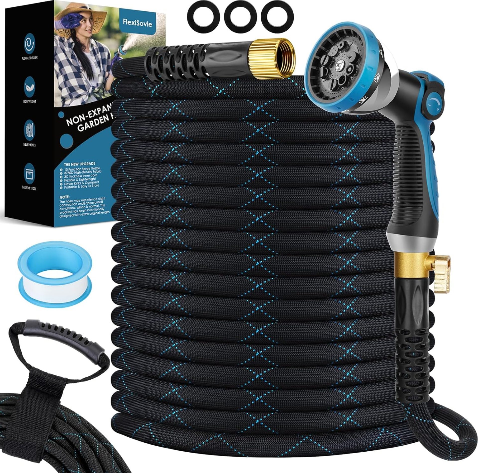 Garden Hose 50 ft, NON-EXPANDABLE Ultra Lightweight Flexible Water Hose With 10-Pattern Thumb Nozzle, Leak-Proof, Kink-Free Hose, Durable 3750d Fabric & Extra Strong Connector, Portable Storage Strap Garden Hose 50 ft, NON-EXPANDABLE Ultra Lightweight Flexible Water Hose With 10-Pattern Thumb Nozzle, Leak-Proof, Kink-Free Hose, Durable 3750d Fabric & Extra Strong Connector, Portable Storage Strap