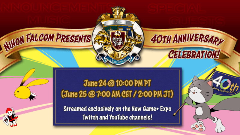Nihon Falcom celebrará su 40 aniversario la semana que viene prometiendo “nuevos anuncios y sorpresas” Nihon Falcom celebrará su 40 aniversario la semana que viene prometiendo “nuevos anuncios y sorpresas”