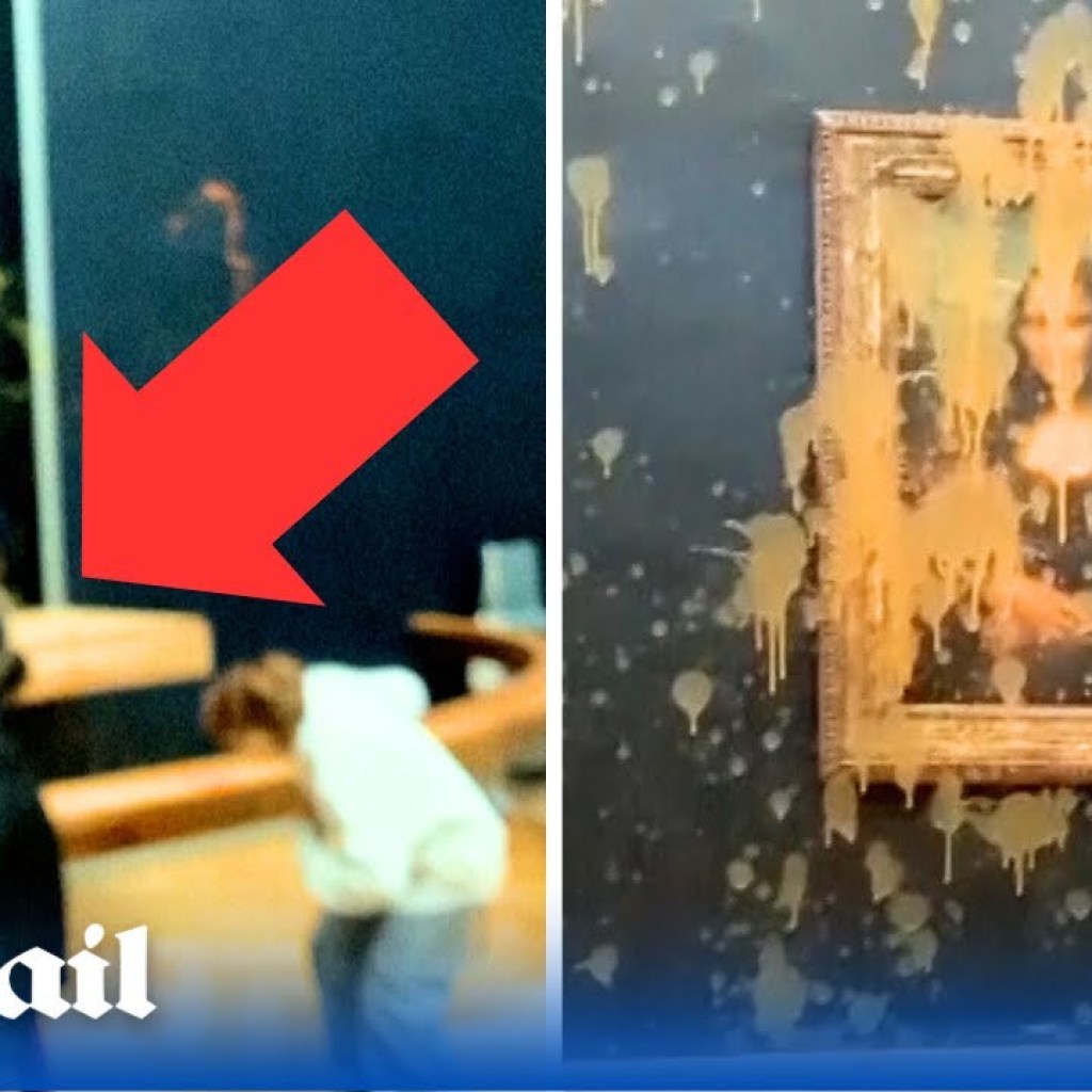 Two climate change activists hurl red soup at the Mona Lisa in the Louvre Museum in Paris Two climate change activists hurl red soup at the Mona Lisa in the Louvre Museum in Paris