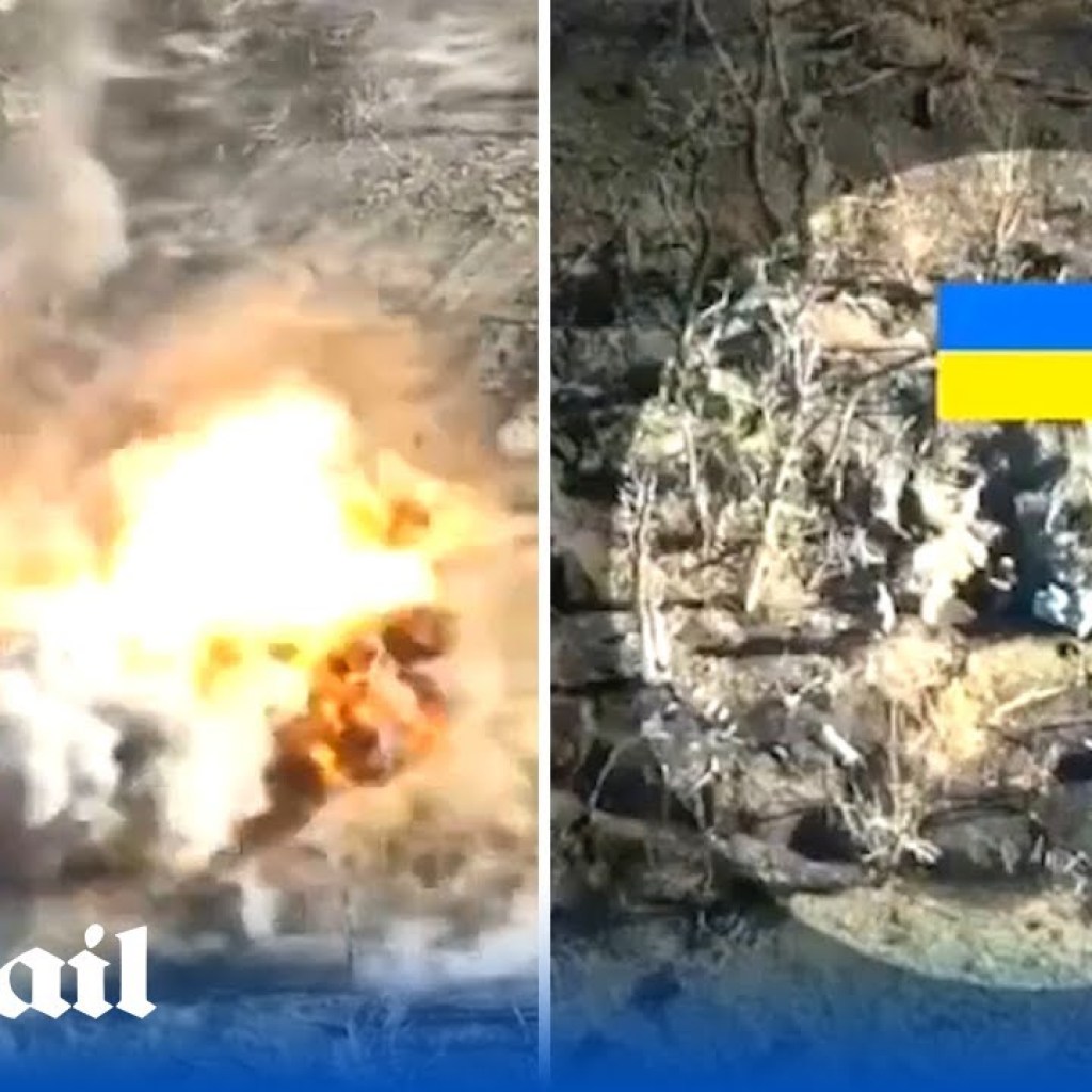 Two Russian tanks are eliminated by Ukrainian anti-tank mines whilst taking enemy fire Two Russian tanks are eliminated by Ukrainian anti-tank mines whilst taking enemy fire