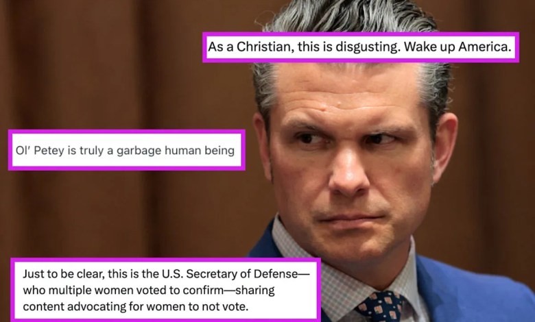 People are shocked that Defense Secretary Pete Hegseth shared a video of church leaders saying women should not have the right to vote People are shocked that Defense Secretary Pete Hegseth shared a video of church leaders saying women should not have the right to vote
