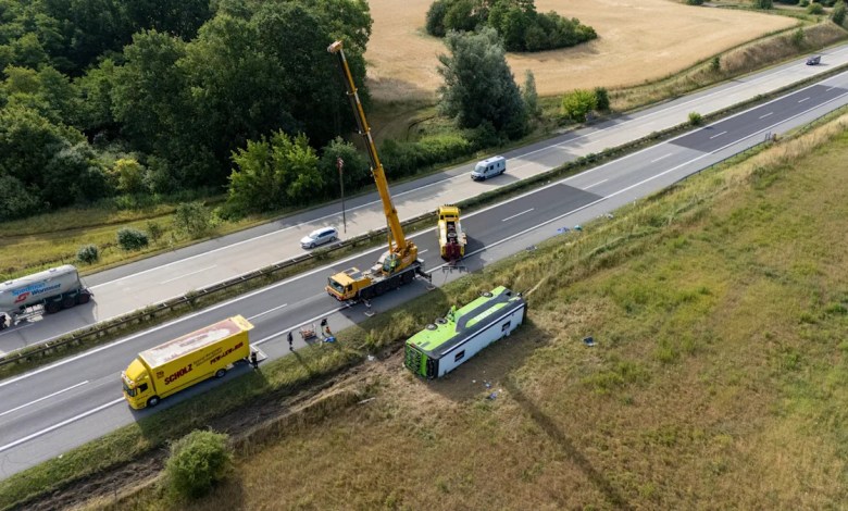 More than 20 injuries included one person when the bus flipped in northeast Germany More than 20 injuries included one person when the bus flipped in northeast Germany
