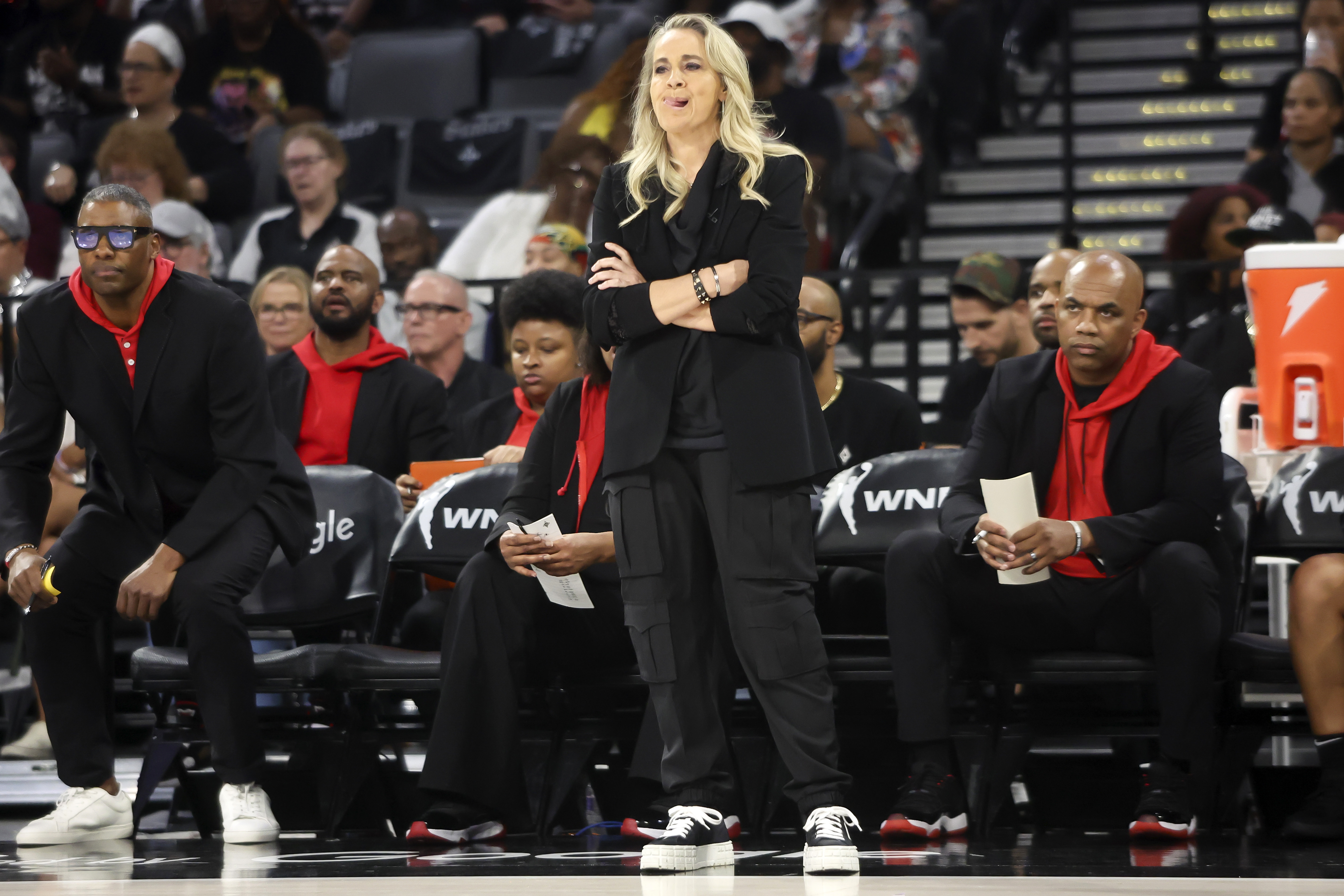 LAS VEGAS, NEVADA - SEPTEMBER 18: Head coach Becky Hammon of the Las Vegas Aces coaches gestures in the first quarter against the Seattle Storm of Game Three of the 2025 WNBA Playoffs first round at Michelob ULTRA Arena on September 18, 2025 in Las Vegas, Nevada. NOTE TO USER: User expressly acknowledges and agrees that, by downloading and or using this photograph, User is consenting to the terms and conditions of the Getty Images License Agreement. (Photo by Ian Maule/Getty Images)