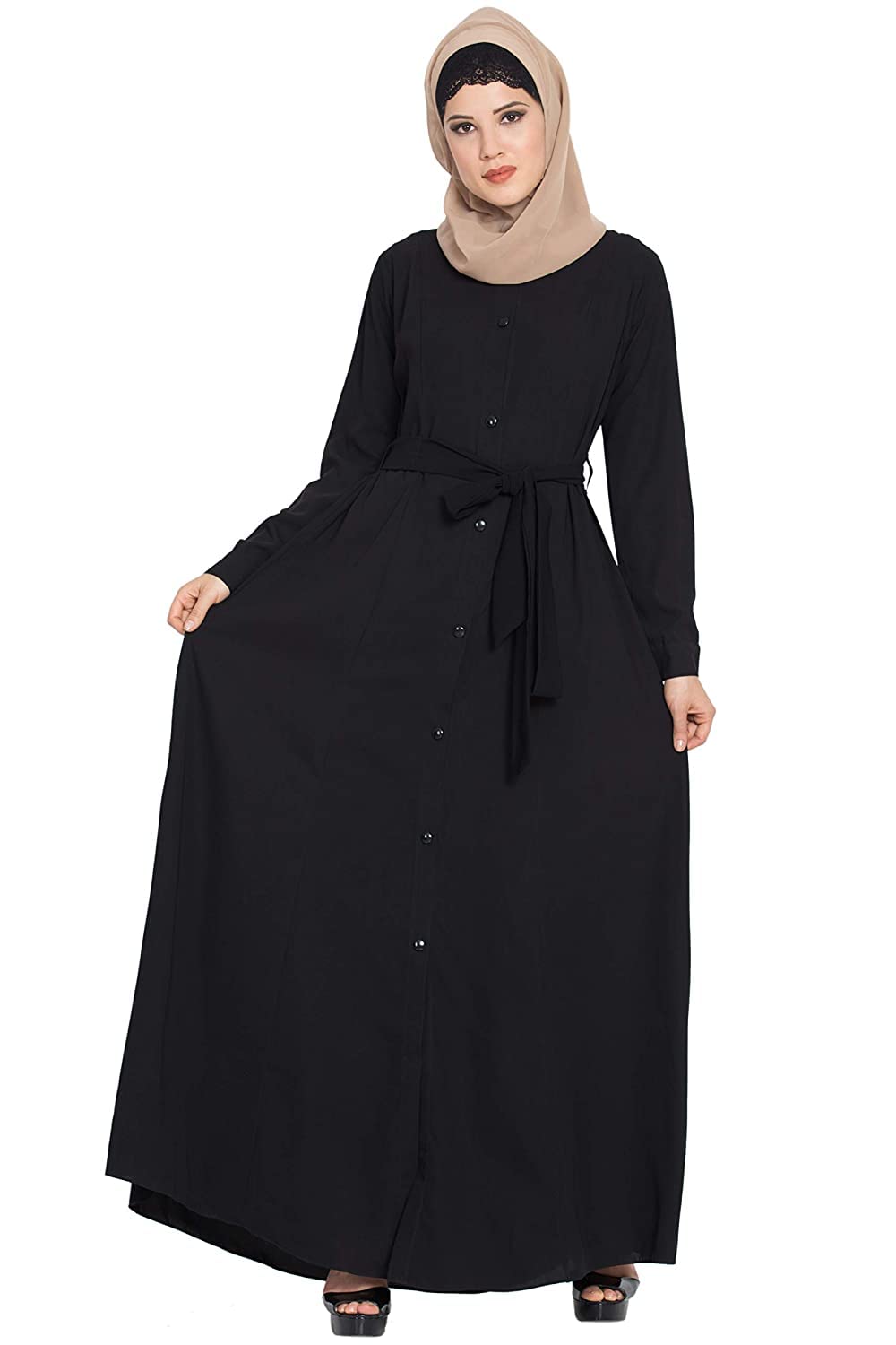 Musheco Front Open, Shirt Collar Abaya, Burqa In Kashibo Fabric with Side Pockets And Belt Musheco Front Open, Shirt Collar Abaya, Burqa In Kashibo Fabric with Side Pockets And Belt