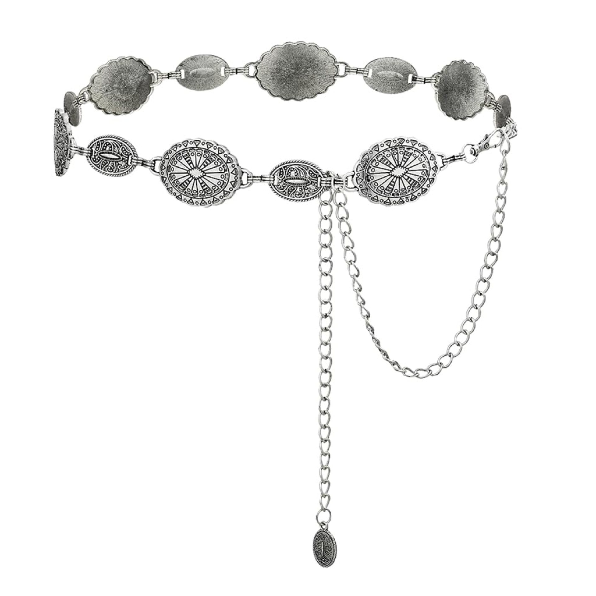 SANNIDHI® Waist Chain for Women for Saree Gold Metal Concho Waist Belt Stylish Boho Western Hip Belt Fashion Adjustable Cowgirl Jewellery Chain Belts for Dresses, Jeans, Skirts, Beach Outfits SANNIDHI® Waist Chain for Women for Saree Gold Metal Concho Waist Belt Stylish Boho Western Hip Belt Fashion Adjustable Cowgirl Jewellery Chain Belts for Dresses, Jeans, Skirts, Beach Outfits