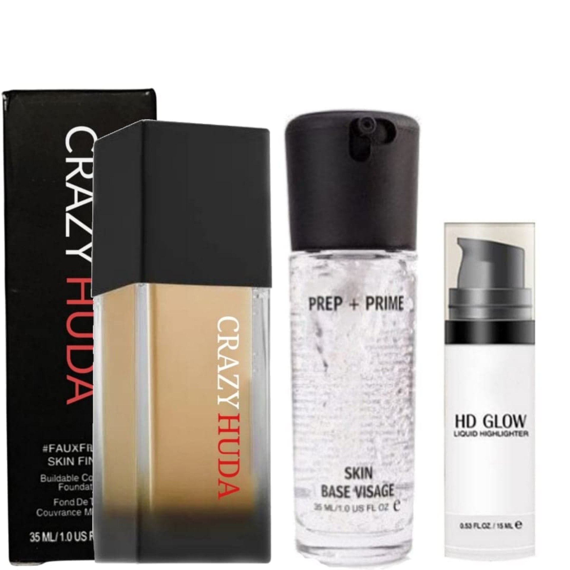 CRAZYHUDA Full Coverage Foundation & Prep + Prime All Skin Base Visage With HD Glow Liquid Highlighter Pack Of 3 CRAZYHUDA Full Coverage Foundation & Prep + Prime All Skin Base Visage With HD Glow Liquid Highlighter Pack Of 3
