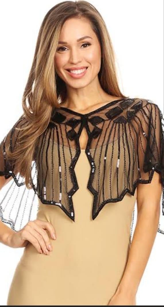 King Fashion Women 1920s Shawl Evening Cape Sequin Deco Paisley Flapper Bolero Cover Up King Fashion Women 1920s Shawl Evening Cape Sequin Deco Paisley Flapper Bolero Cover Up