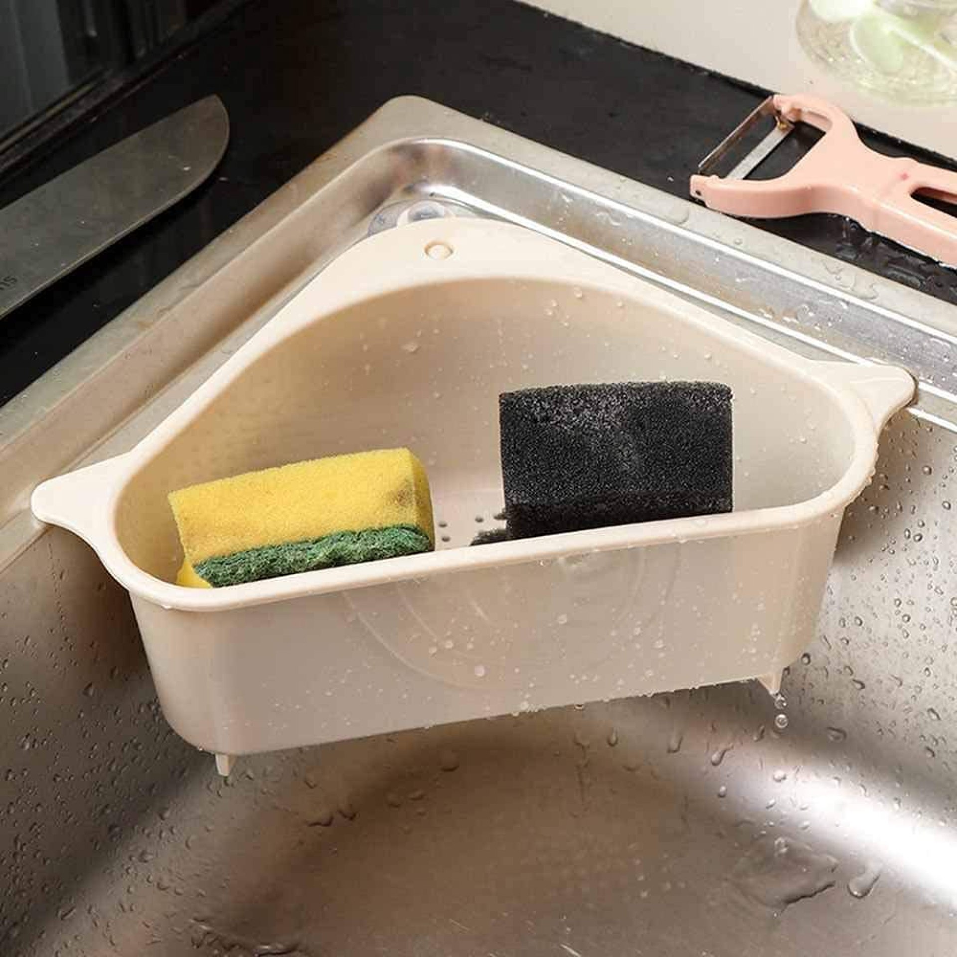 Shiksha Mart Plastic Triangle Shape Sink Storage Rack Drain Shelf Suction Cup Sink Soap Holder Kitchen Sucker Drain Rack Corner Organizer, Multifunctional Kitchen Drainer (Multicolor). Shiksha Mart Plastic Triangle Shape Sink Storage Rack Drain Shelf Suction Cup Sink Soap Holder Kitchen Sucker Drain Rack Corner Organizer, Multifunctional Kitchen Drainer (Multicolor).