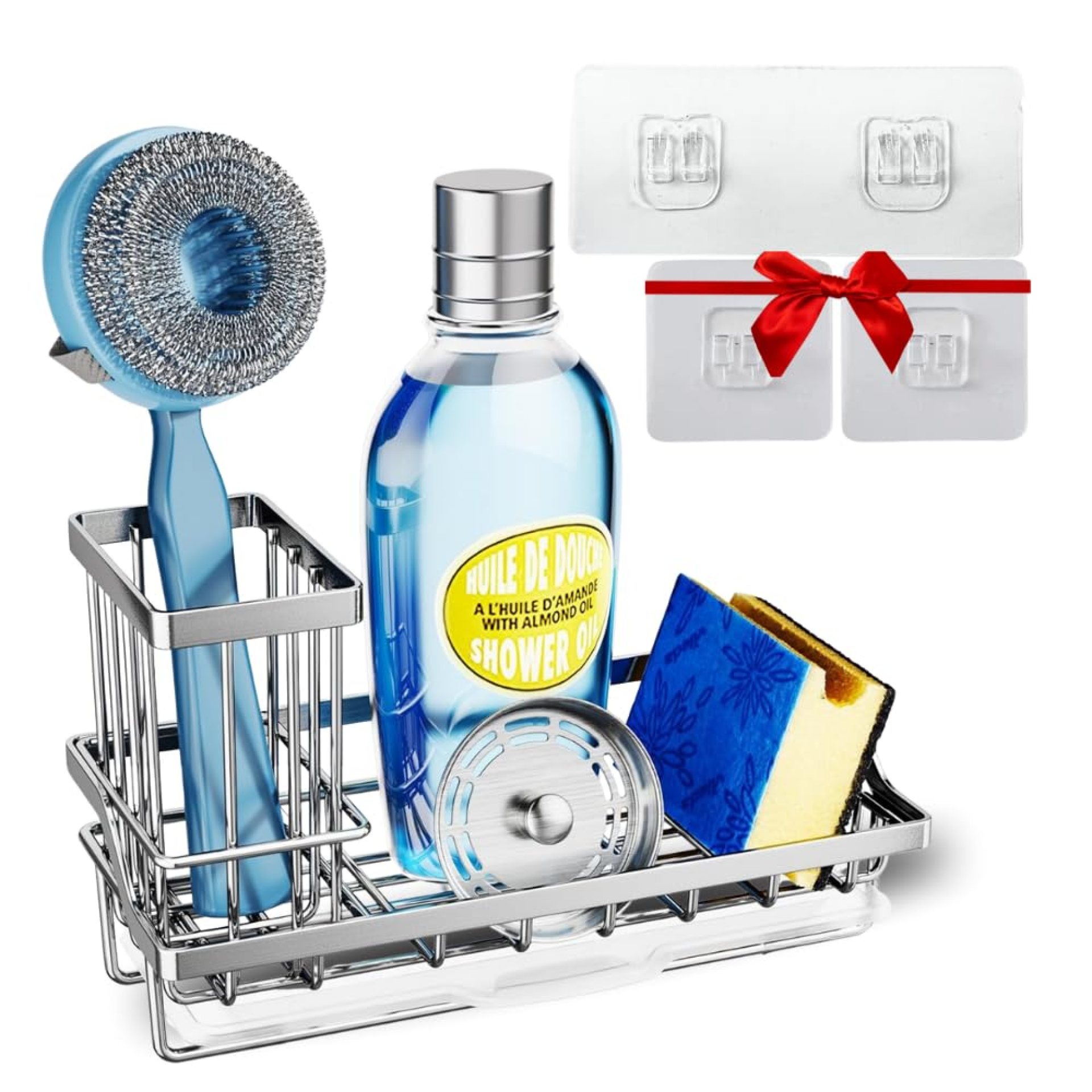 HOMTHEO Stainless Steel Sink & Washroom Organizer with Drain Tray – Kitchen Sink Organiser, Soap Stand, Adhesive Wall Mount, Sponge Holder, Washbasin Organizer HOMTHEO Stainless Steel Sink & Washroom Organizer with Drain Tray – Kitchen Sink Organiser, Soap Stand, Adhesive Wall Mount, Sponge Holder, Washbasin Organizer