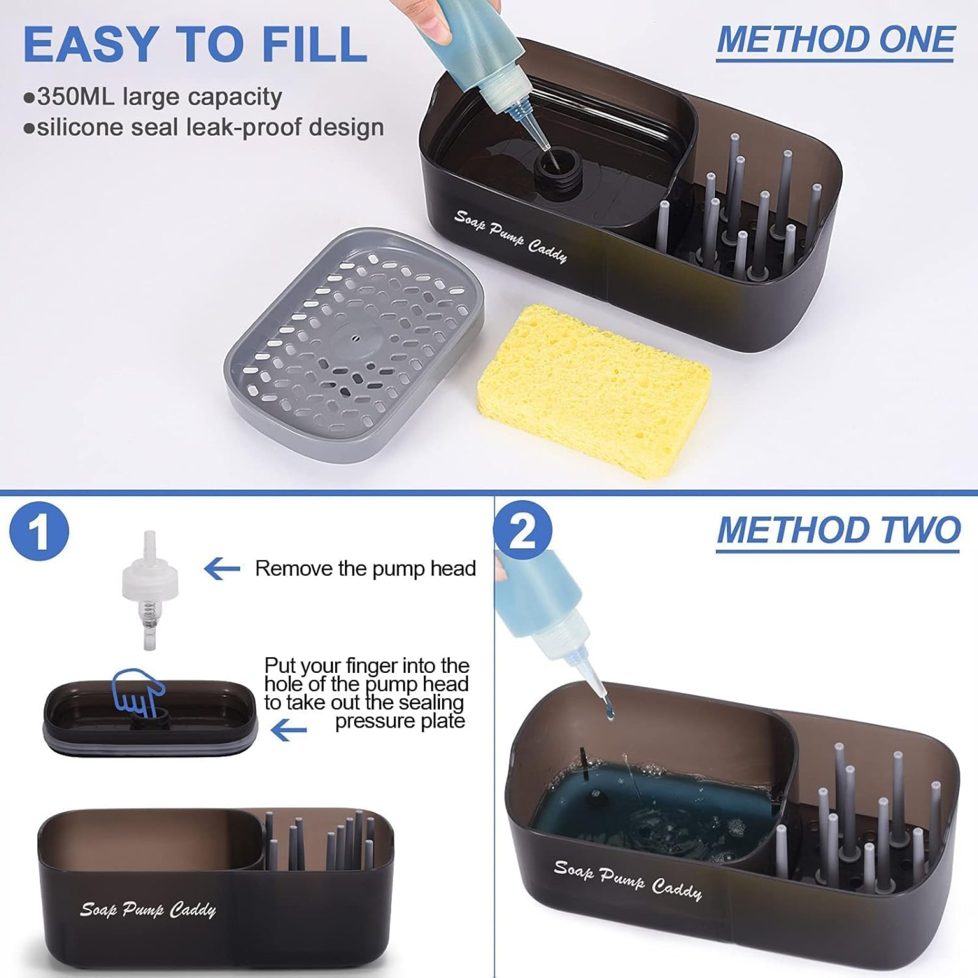 Noventra 3-in-1 Dish Soap Dispenser for Kitchen Sink with Sponge Holder & Storage Tray | One-Hand Operation, Leak-Proof Design, Multi-Functional Sink Organizer for Home & Office Use (Black) Noventra 3-in-1 Dish Soap Dispenser for Kitchen Sink with Sponge Holder & Storage Tray | One-Hand Operation, Leak-Proof Design, Multi-Functional Sink Organizer for Home & Office Use (Black)