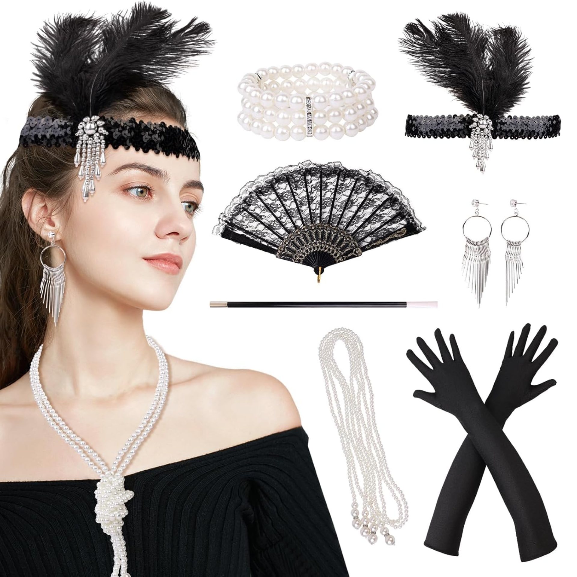 7Pcs 1920s Accessories for Women Flapper Great Gatsby Accessories Women Fashion Roaring 20’s Theme Set Flapper Accessories Headband Long Black Gloves Necklace Earrings Bracelet Fan 7Pcs 1920s Accessories for Women Flapper Great Gatsby Accessories Women Fashion Roaring 20’s Theme Set Flapper Accessories Headband Long Black Gloves Necklace Earrings Bracelet Fan