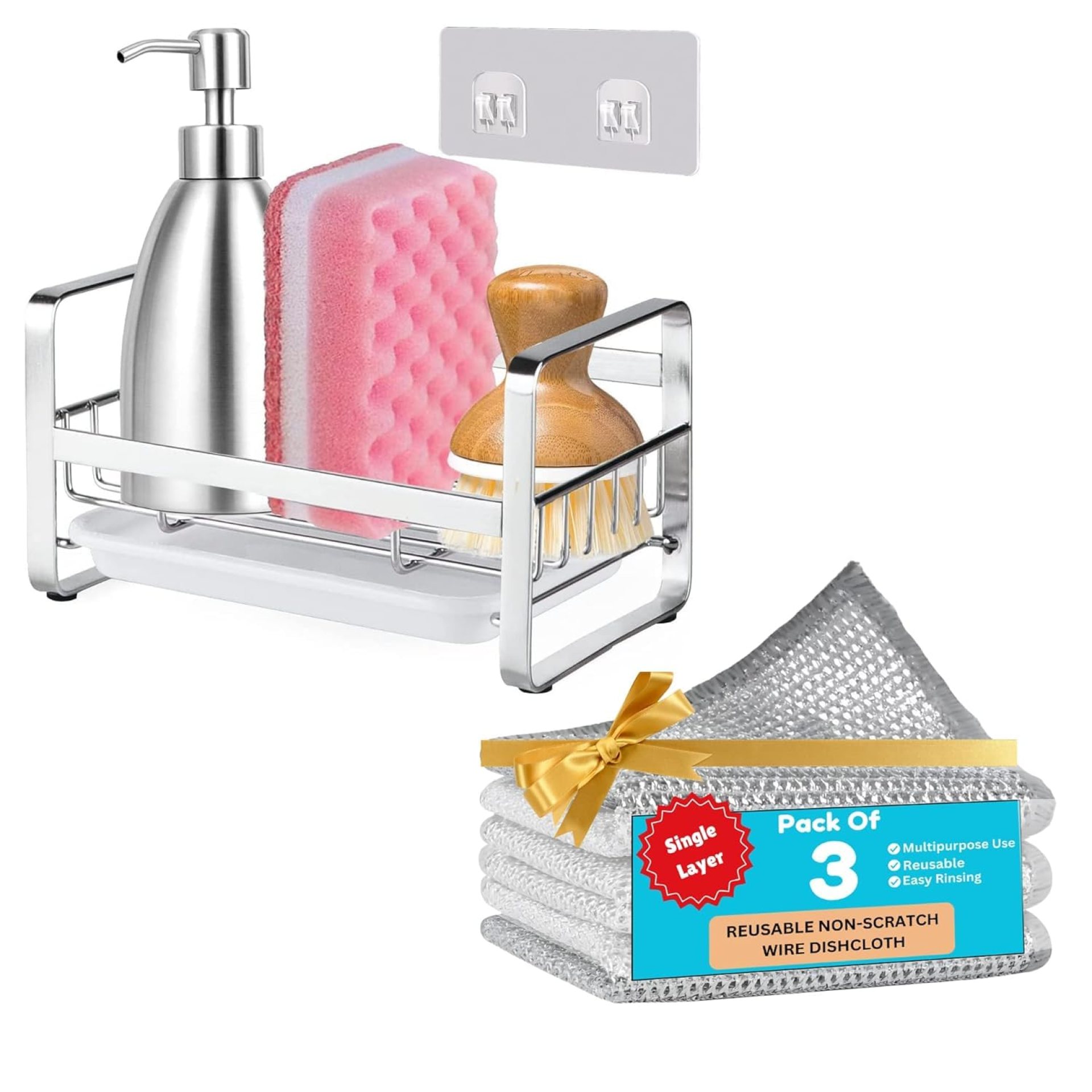 Homtheo 304 Stainless Steel Sponge Holder for Kitchen Sink | Rustproof Sink Caddy Organizer with Detachable Soap Dish, Drainer Tray, and Countertop or Wall Adhesive Use (Silver) Homtheo 304 Stainless Steel Sponge Holder for Kitchen Sink | Rustproof Sink Caddy Organizer with Detachable Soap Dish, Drainer Tray, and Countertop or Wall Adhesive Use (Silver)
