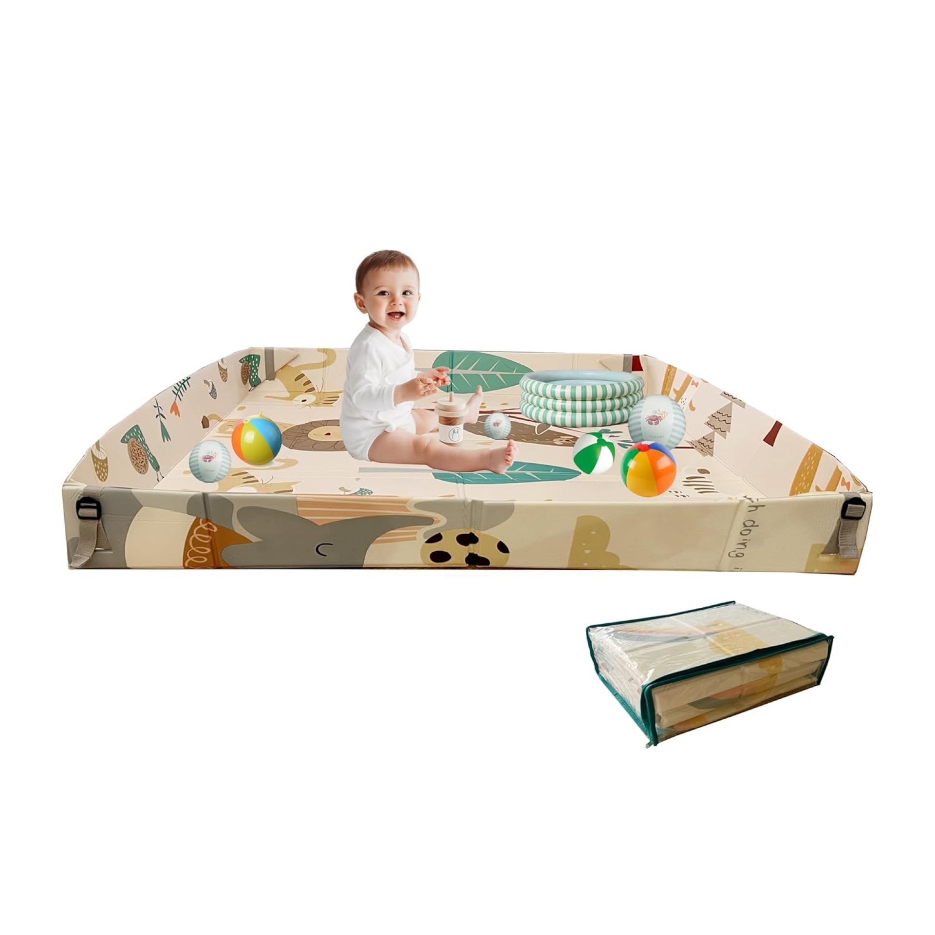 Tarkan Foldable Baby Play Mat with Raised Borders, Soft Foam Double-Sided Crawling Mat, 150 x 150 cm x 8mm, Animal Design, Compact Storage with Bag Tarkan Foldable Baby Play Mat with Raised Borders, Soft Foam Double-Sided Crawling Mat, 150 x 150 cm x 8mm, Animal Design, Compact Storage with Bag