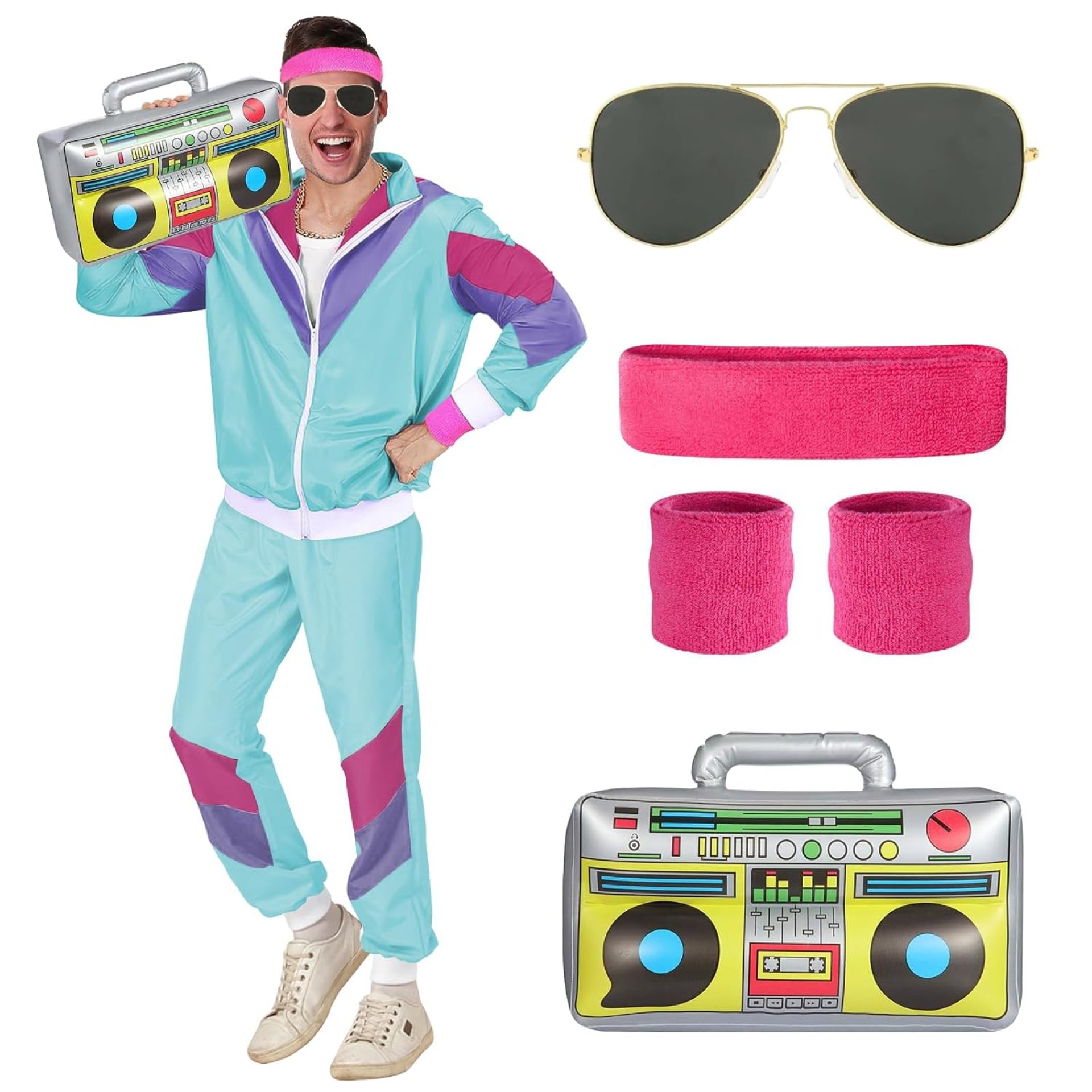 BIQIQI 80s 90s Fancy Dress Costumes Men Women, 80s Shell Suit Costume Retro Tracksuit with Pilot Glasses Headband Wristbands Inflatable Boom Box, 1980s Fancy Dress for Carnival Parties Halloween BIQIQI 80s 90s Fancy Dress Costumes Men Women, 80s Shell Suit Costume Retro Tracksuit with Pilot Glasses Headband Wristbands Inflatable Boom Box, 1980s Fancy Dress for Carnival Parties Halloween