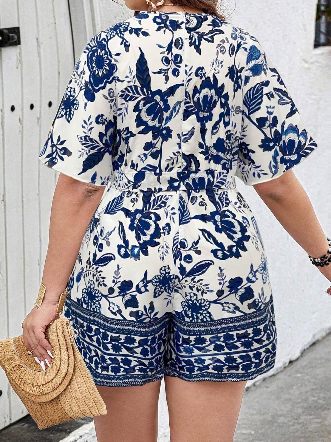 Women’s Floral Romper, Blue and White Print, Short Sleeve, V-Neck Women’s Floral Romper, Blue and White Print, Short Sleeve, V-Neck