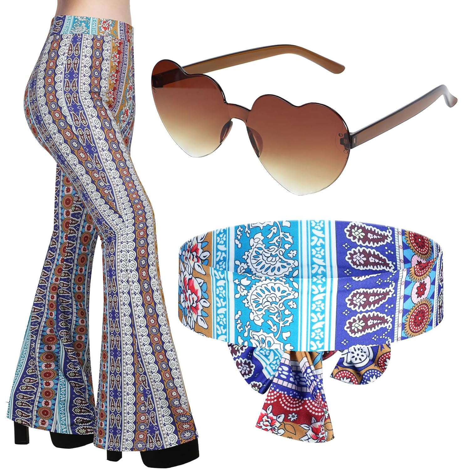 Tisancy 3 Pcs 60s 70s Outfit for Women Hippie Costume Set Disco Flared Pants Groovy Outfit Party Accessories Tisancy 3 Pcs 60s 70s Outfit for Women Hippie Costume Set Disco Flared Pants Groovy Outfit Party Accessories