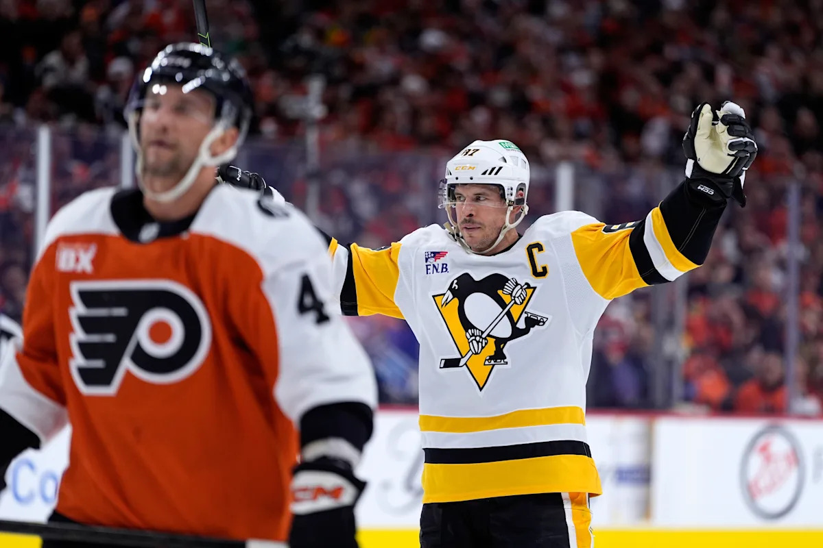 Crosby and Letang strike because the Penguins stave off a sweep with a 4-2 Sport 4 win over Flyers Crosby and Letang strike because the Penguins stave off a sweep with a 4-2 Sport 4 win over Flyers