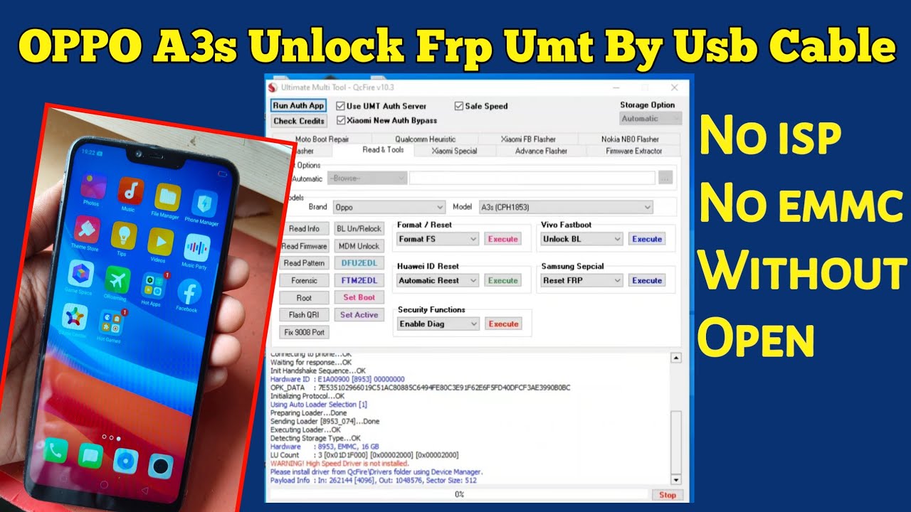 Oppo A3s Cph1803/1853 Screen Lock Frp Remove BY USB UMT Oppo A3s Cph1803/1853 Screen Lock Frp Remove BY USB UMT
