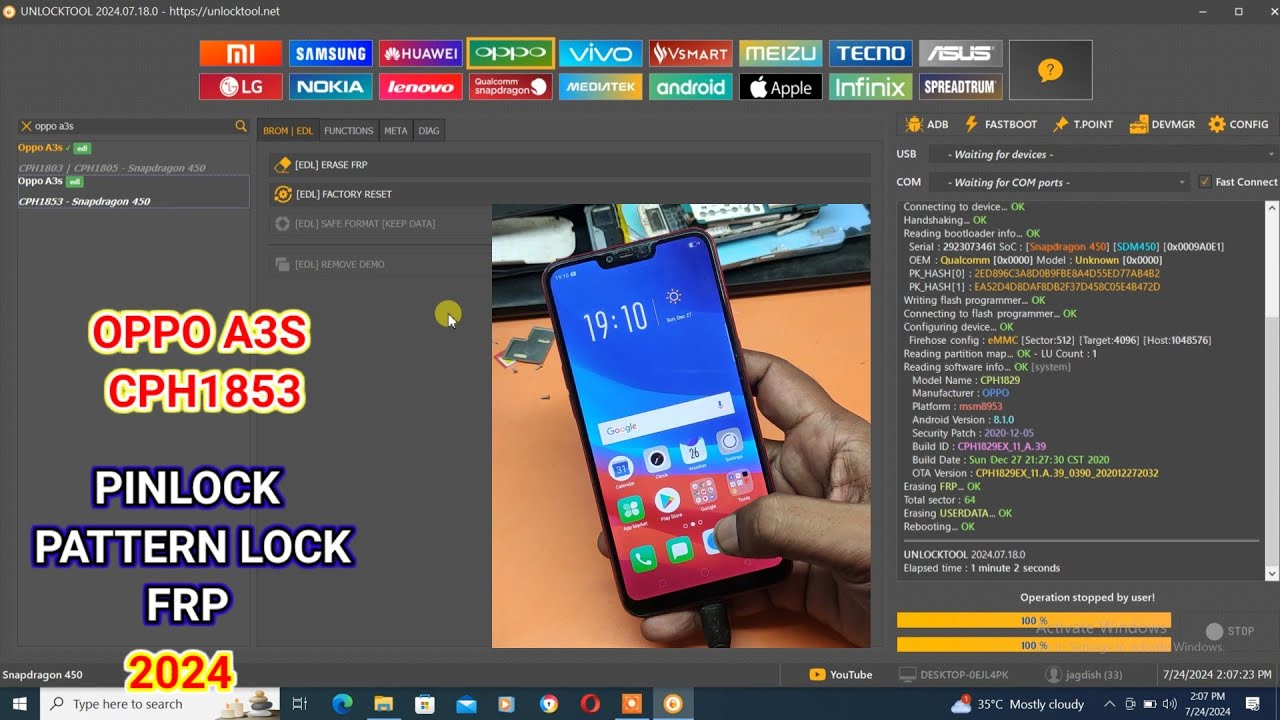 Oppo A3s Pinlock & frp Remove Unlocktool One Click || Oppo A3s Pinlock & frp Remove Unlocktool One Click ||