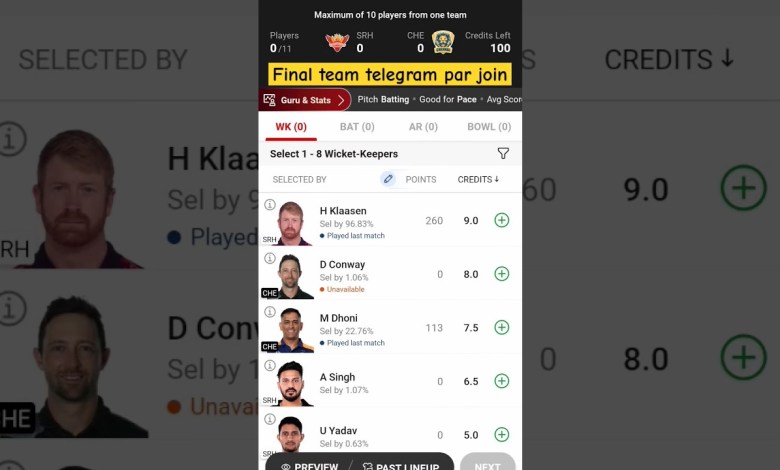 SRH vs CHE Dream11 Prediction | SRH vs CHE Dream11 Team SRH vs CHE Dream11 Prediction | SRH vs CHE Dream11 Team