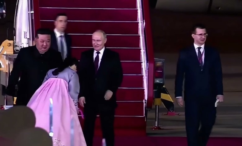 Close-up shot of Mr. Putin visiting Kim Jong Un in North Korea Close-up shot of Mr. Putin visiting Kim Jong Un in North Korea