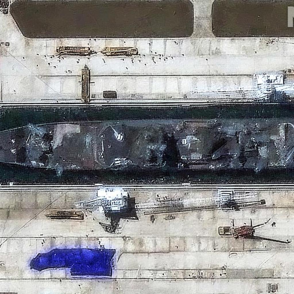 La fragata de Corea del Norte que aparece parcialmente hundida en un muelle seco con superestructura destrozada La fragata de Corea del Norte que aparece parcialmente hundida en un muelle seco con superestructura destrozada