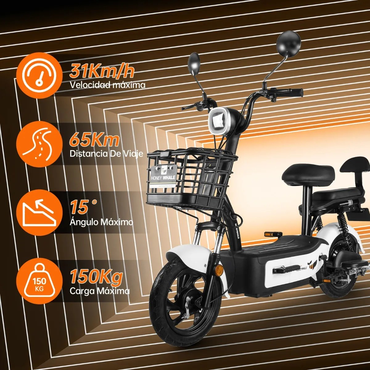 U1s Bicicleta Eléctrica Para Adultos Con Dos Asientos, Honeywhale Bicimoto Eléctrica Con Alarma, Pontencia Máxima 650w, Velocidad Máxima 31km/h, Autonomía 60-65km, Batería 20ah, Color Blanco