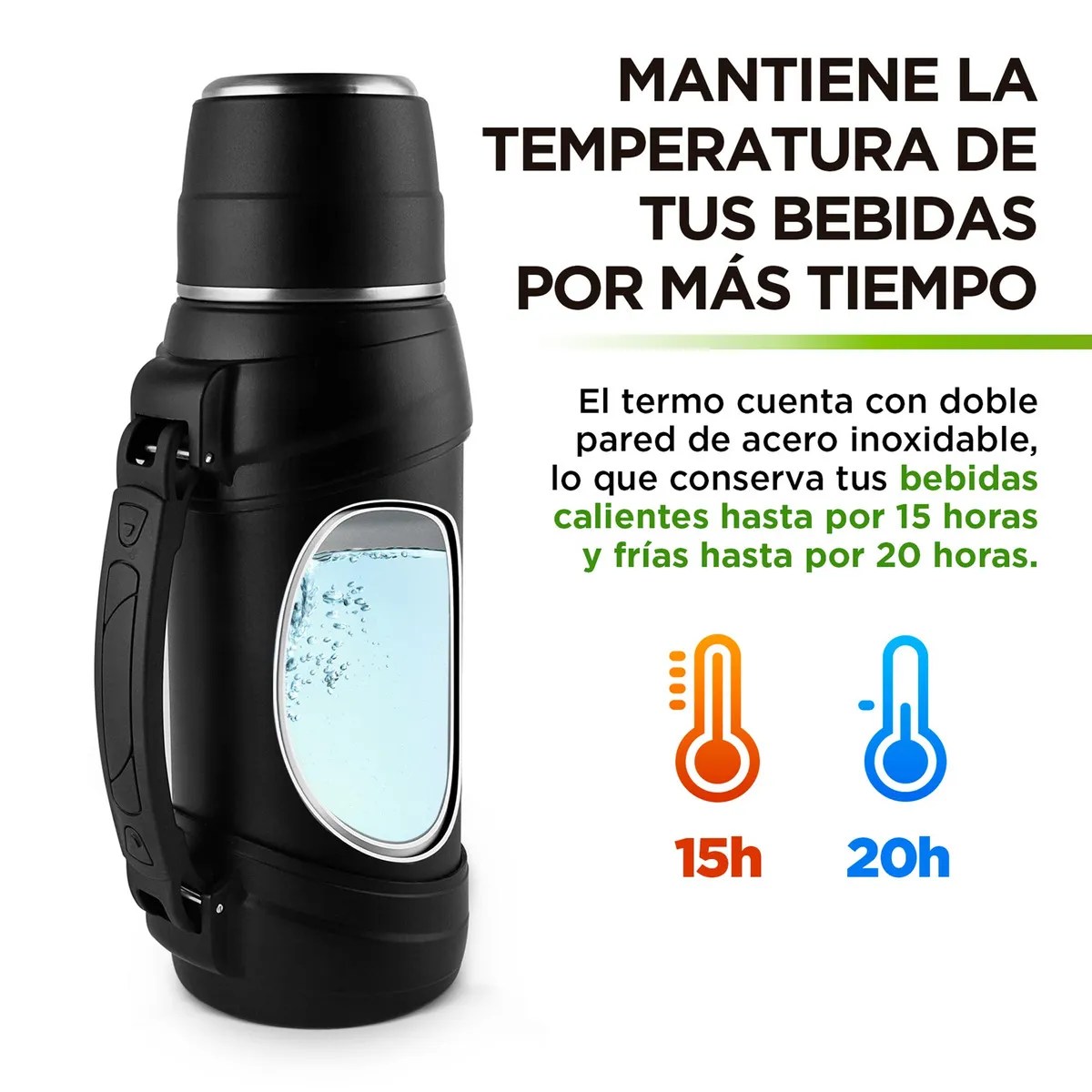 Termo de Acero Inoxidable XL (2 Litros) con Doble Pared de Aislamiento al Vacío para Uso Rudo