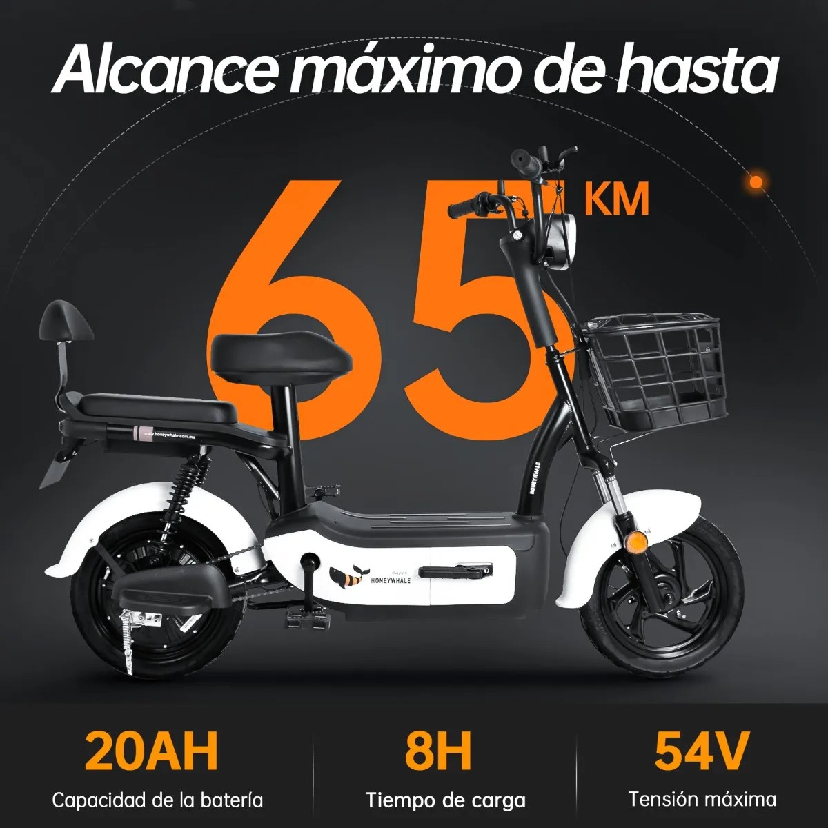 U1s Bicicleta Eléctrica Para Adultos Con Dos Asientos, Honeywhale Bicimoto Eléctrica Con Alarma, Pontencia Máxima 650w, Velocidad Máxima 31km/h, Autonomía 60-65km, Batería 20ah, Color Blanco