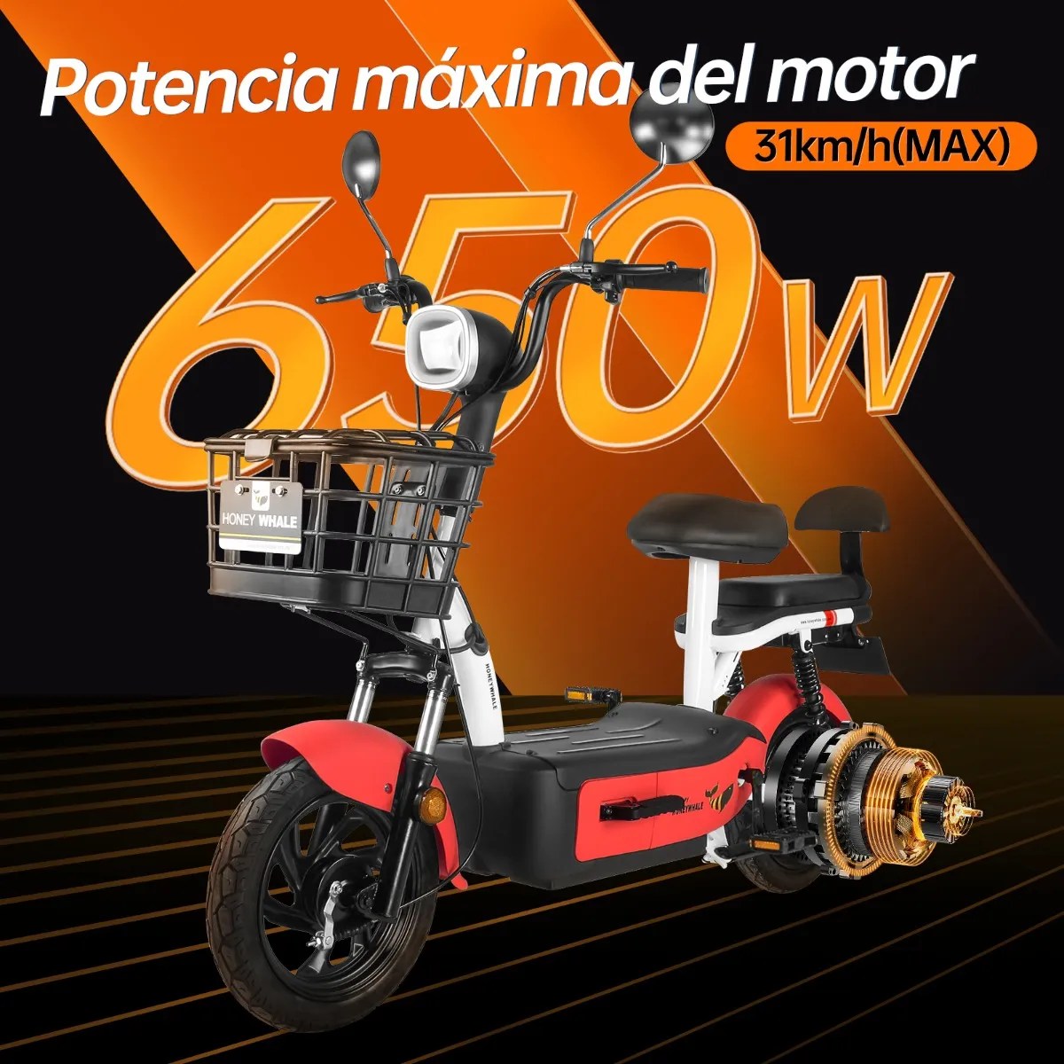 U1s Bicicleta Eléctrica Para Adultos Con Dos Asientos, Honeywhale Bicimoto Eléctrica Con Alarma, Pontencia Máxima 650w, Velocidad Máxima 31km/h, Autonomía 60-65km, Batería 20ah, Color Rojo