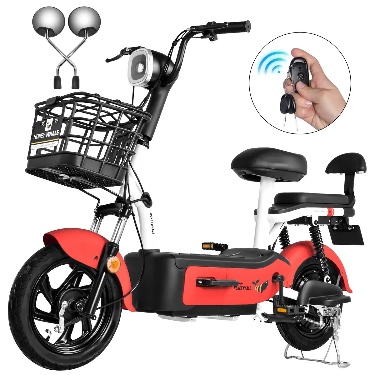 U1s Bicicleta Eléctrica Para Adultos Con Dos Asientos, Honeywhale Bicimoto Eléctrica Con Alarma, Pontencia Máxima 650w, Velocidad Máxima 31km/h, Autonomía 60-65km, Batería 20ah, Color Rojo
