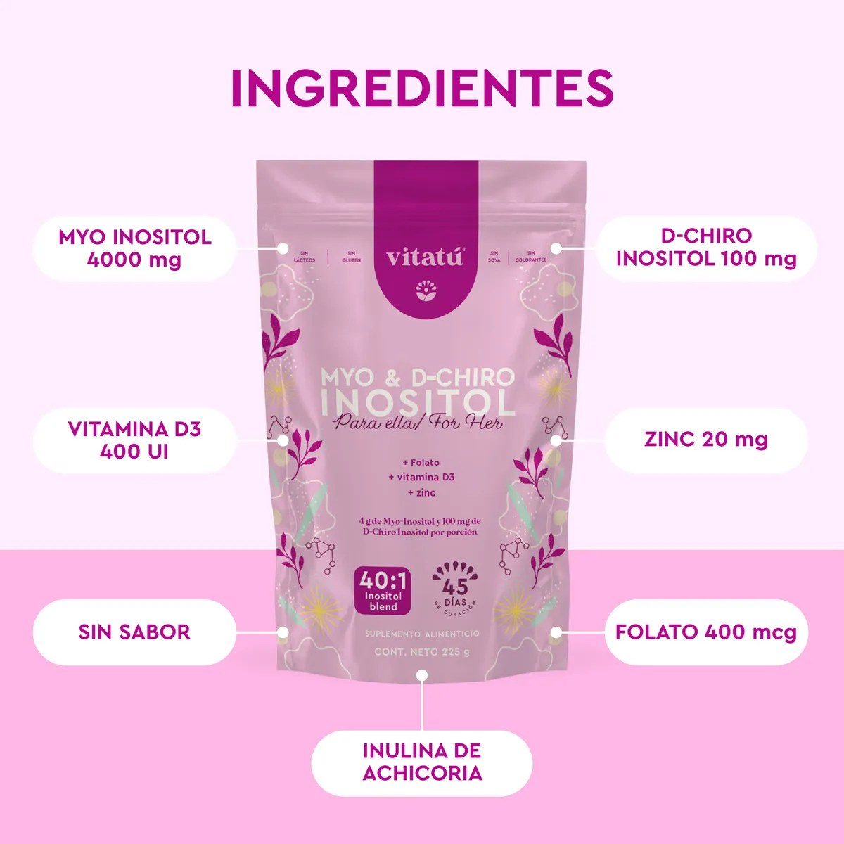 Vitatú | Myo Inositol & D-Chiro Inositol mezcla ideal 40:1 con Folato + Vitamina D3 + Zinc, Suplemento Alimenticio en polvo para Mujeres 225 g