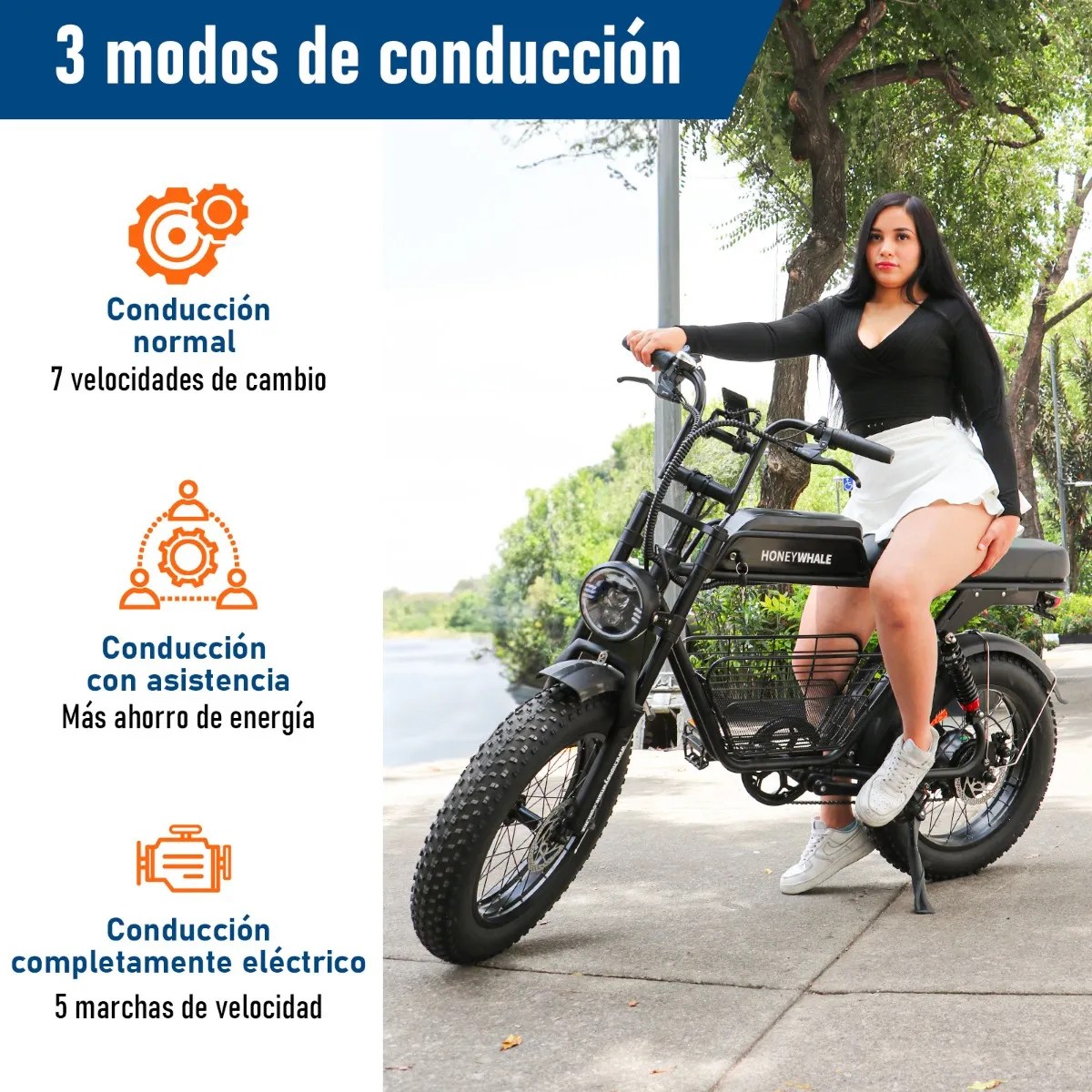 Honey Whale K7 Bicicleta Eléctrica para Adultos, Moto Bicicleta de Montaña de 7 Velocidades, Potencia del Motor 1080 W, Velocidad Máxima 48KM/H, Batería (48V, 15AH), Autonomía 40-45KM