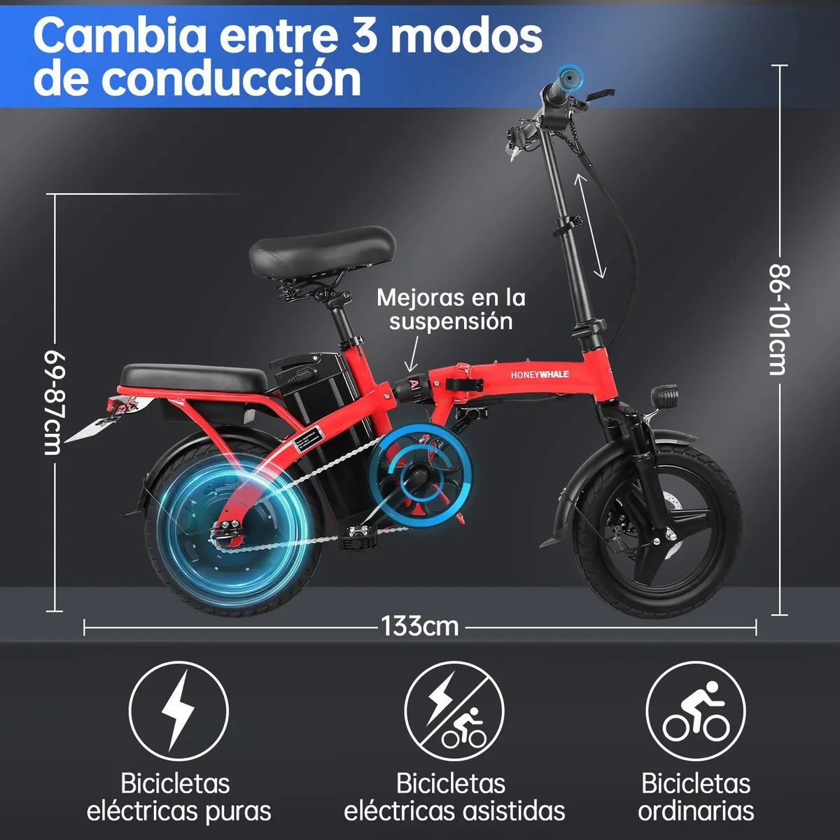 Bicicleta Eléctrica Plegable Honey Whale S6 600w 35km/h S6 ROJO
