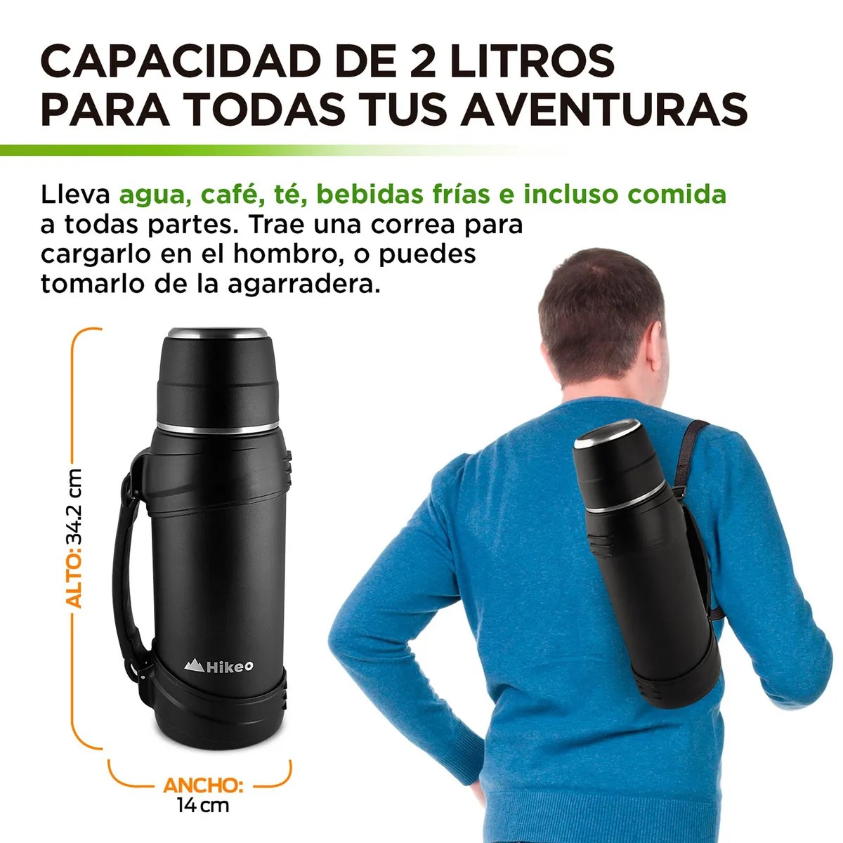 Termo de Acero Inoxidable XL (2 Litros) con Doble Pared de Aislamiento al Vacío para Uso Rudo