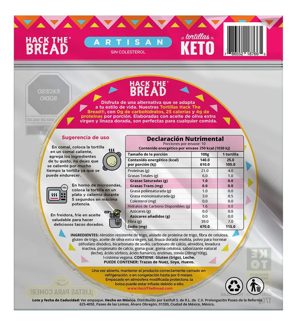 Tortillas Keto Zero Carbs, 22.5 Calorías, Hackthebread 3pack