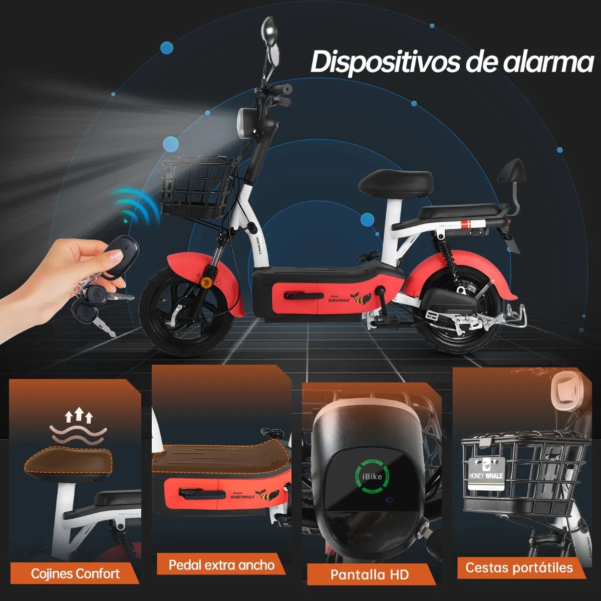 U1s Bicicleta Eléctrica Para Adultos Con Dos Asientos, Honeywhale Bicimoto Eléctrica Con Alarma, Pontencia Máxima 650w, Velocidad Máxima 31km/h, Autonomía 60-65km, Batería 20ah, Color Rojo