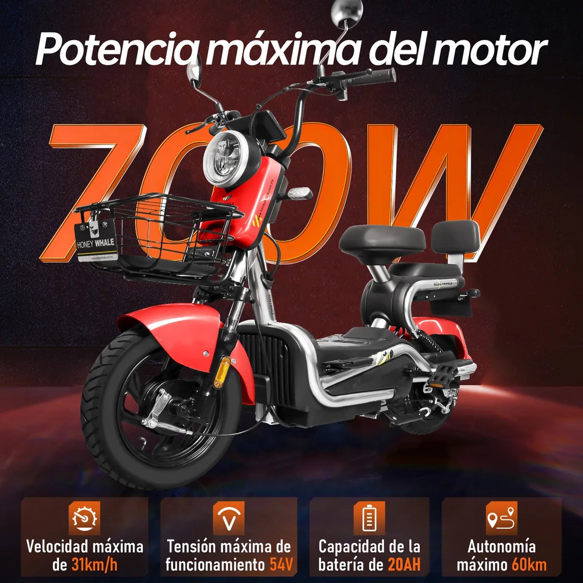 Bicicleta Eléctrica Kc 700w 45km/h 60km Moto Honey Whale – Rojo